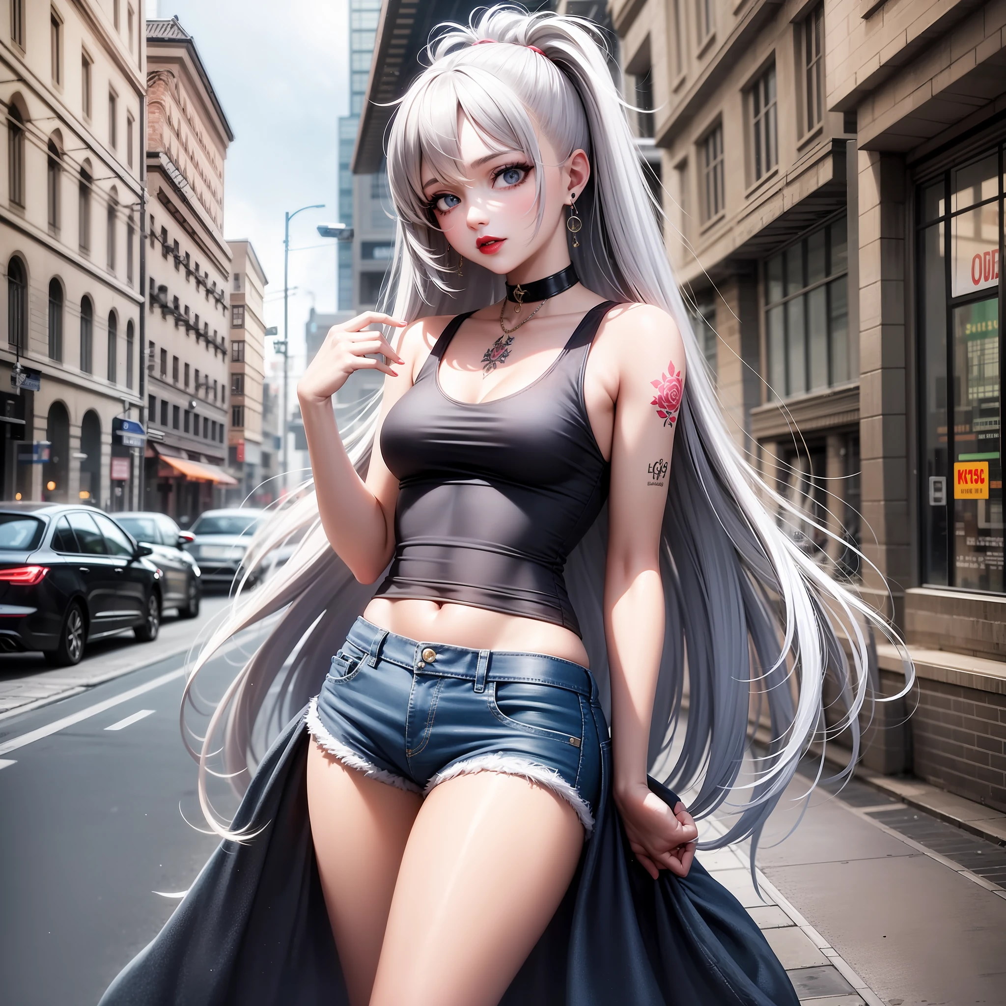 Urban beautiful girl high school student, masterpiece, light makeup, red lips, silver hair, messy long hair, street background, beautiful, elegant. Super fine details, master works, real texture, movie lighting realism, perfect work, 8k, HD, exquisite facial features, pink tight top, blue skinny denim shorts, black tights, slim figure, pear-shaped body, small man's waist, vest line, collarbone, bright big eyes, smooth skin, earrings, tattoos, beautiful long legs