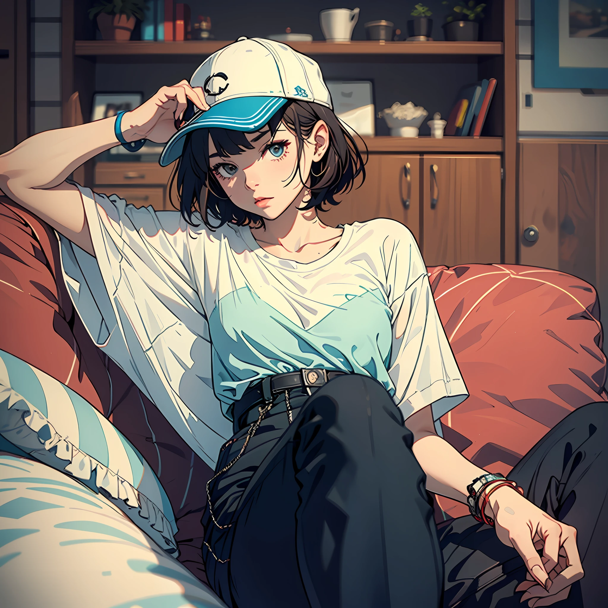 Cool girl sitting on couch, short hair, cap, clean, bracelet, head down.