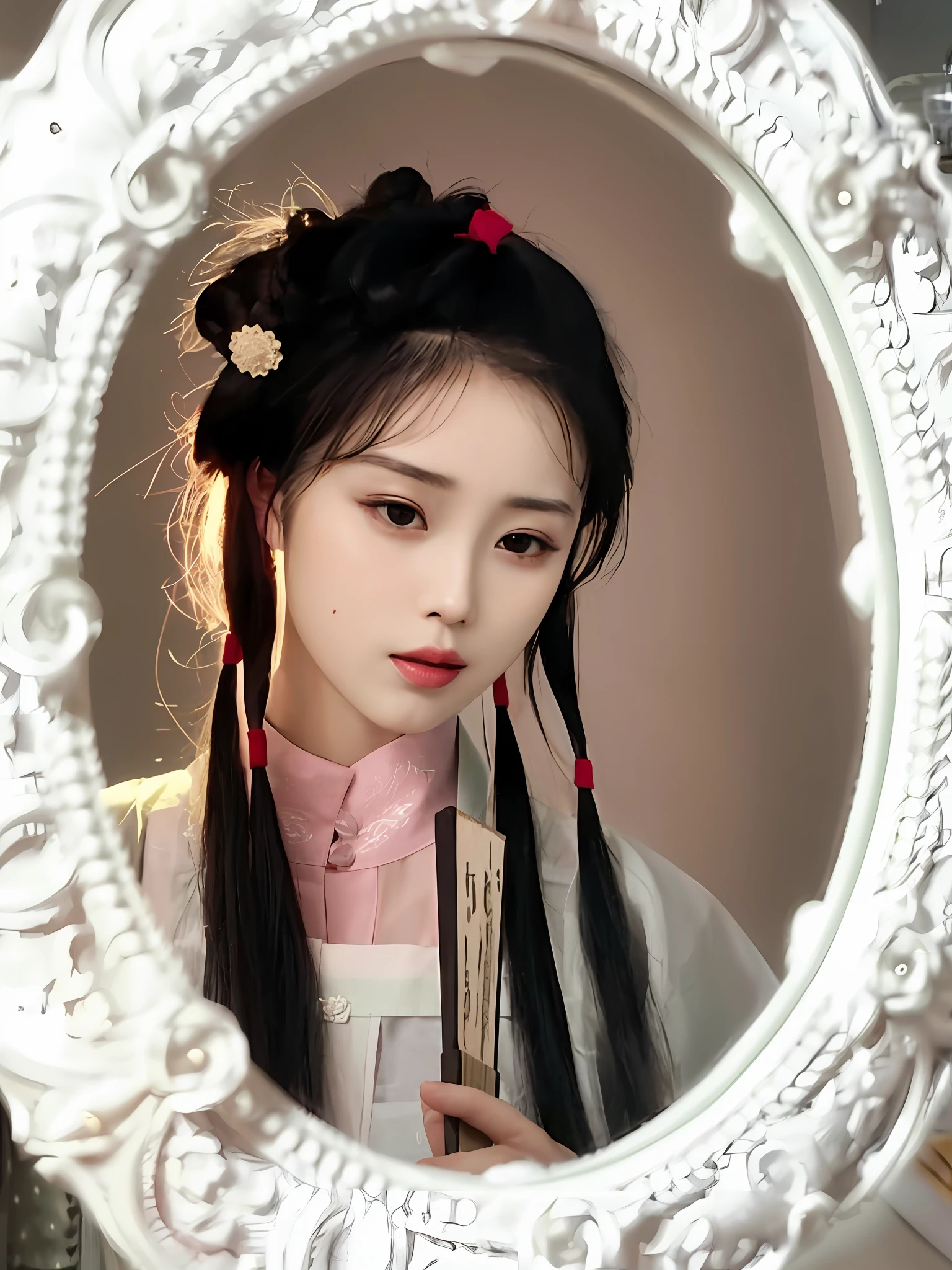 arafed woman with long black hair and a pink dress looking in a mirror, palace ， a girl in hanfu, hanfu, wearing ancient chinese clothes, white hanfu, traditional beauty, ancient chinese princess, with acient chinese clothes, traditional female hairstyles, traditional chinese clothing, chinese princess, ancient chinese beauties, chinese girl, traditional chinese, white hime cut hairstyle