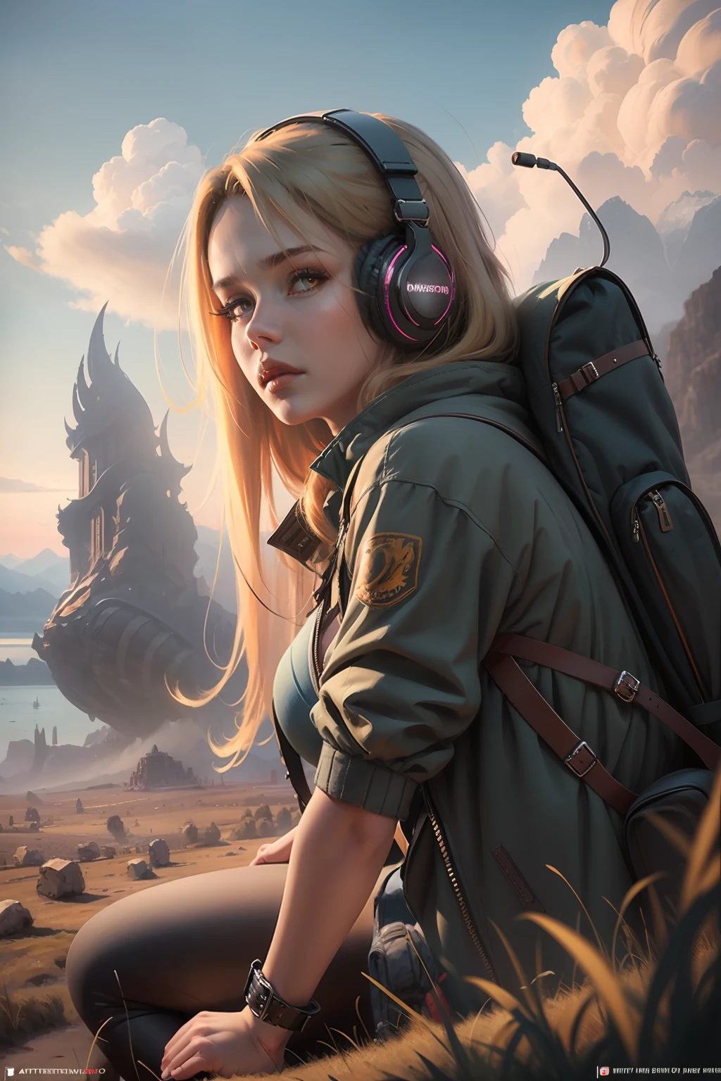 a highly detailed matte painting of a woman on a hill watching a giant monster, by makoto shinkai, by artgerm, by wlop, by greg rutkowski, fantasy scene, volumetric lighting, octane render, 4k resolution, trending on artstation, masterpiece, highly detailed, long blond hair, backpack, large headphones, pantyhose, high heeled boots