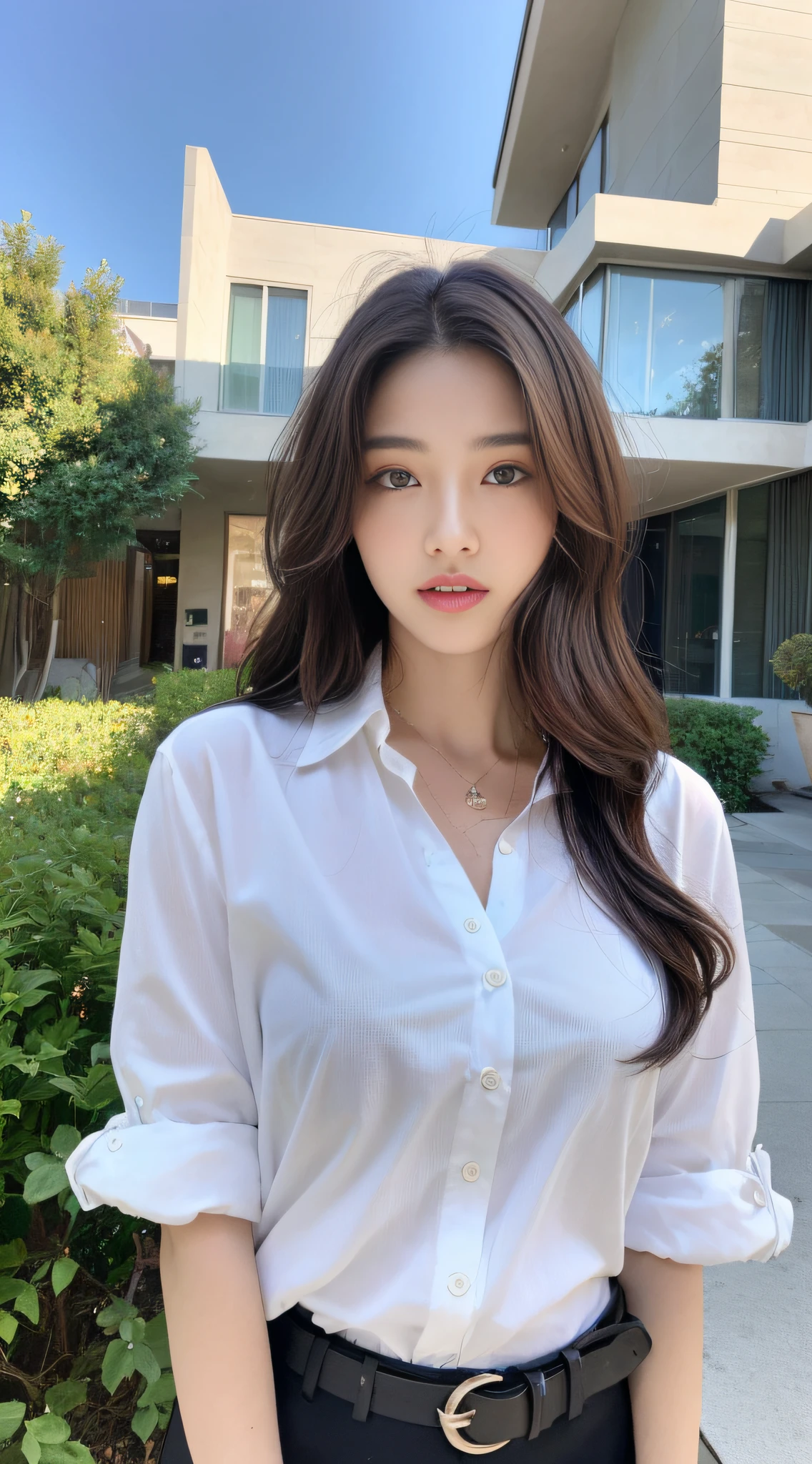 (Best quality, High resolution, Masterpiece :1.3), A tall and pretty woman, Slender abs, Dark brown hair styled in loose waves, Breasts, Wearing pendant, White button up shirt, Belt, Black skirt, (Modern architecture in background), Details exquisitely rendered in the face and skin texture, Detailed eyes, Double eyelid