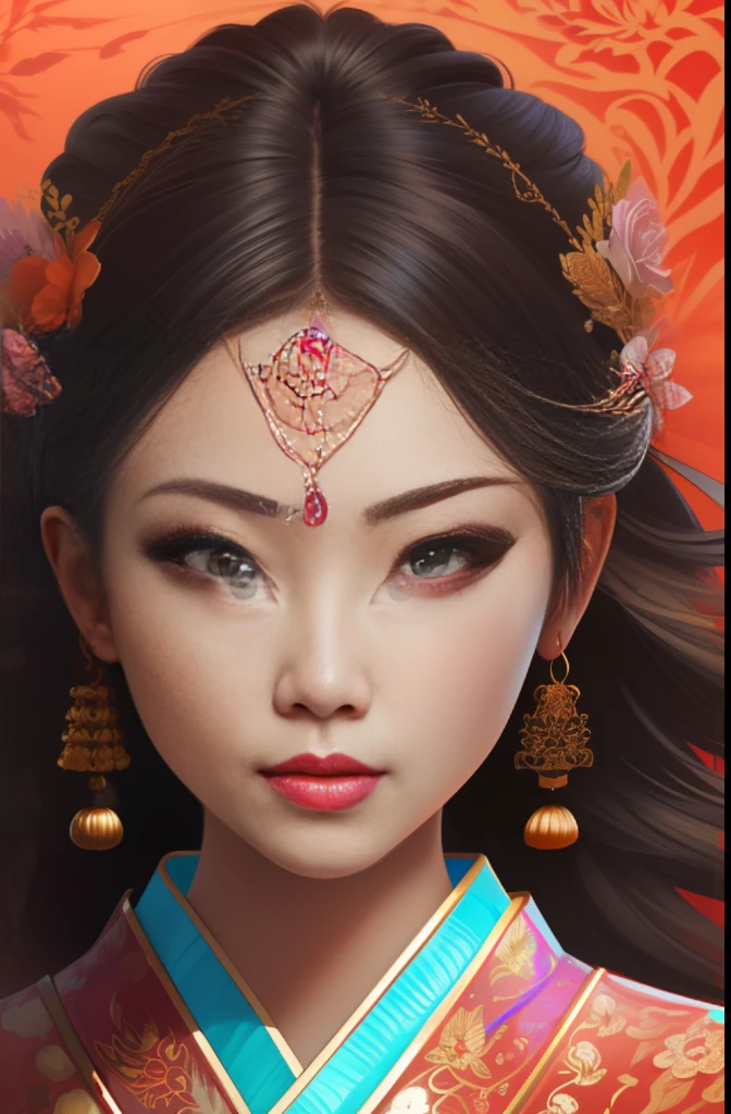 portrait of a beautiful Asian woman, with gorgeous makeup, glossy, 4k, 3D, vibrant color, intricate, elegant, highly detailed, digital painting, smooth, sharp focus, illustration art in the Andrew Gonzalez style