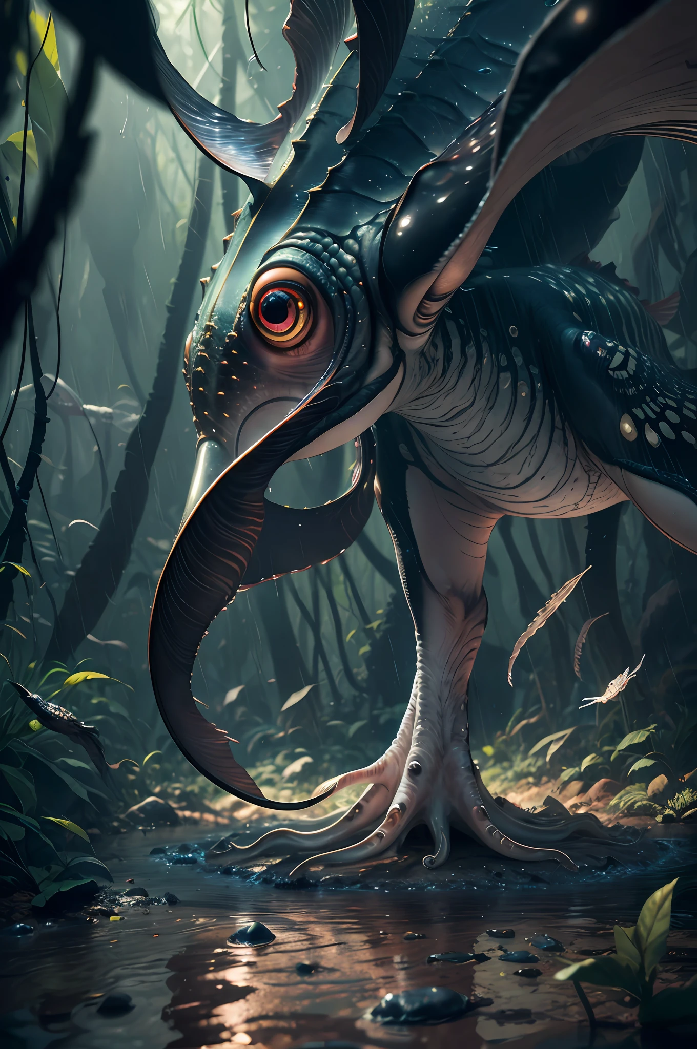 Big creature with six massive legs creature with transparent and lighting body, walking on all six legs, (((cuttlefish head))), ((four eyes)), six leghs, in the jungle, jungle, rain forest, high image quality, realistic look, high-resolution photography, 8K, full-frame matrix, deep shadows, ((one character)), (intricate details, subsurface scattering, hyperdetailed:1.15), (hyperrealism, volumetric lighting, sharp:1.5) Fujifilm XT3