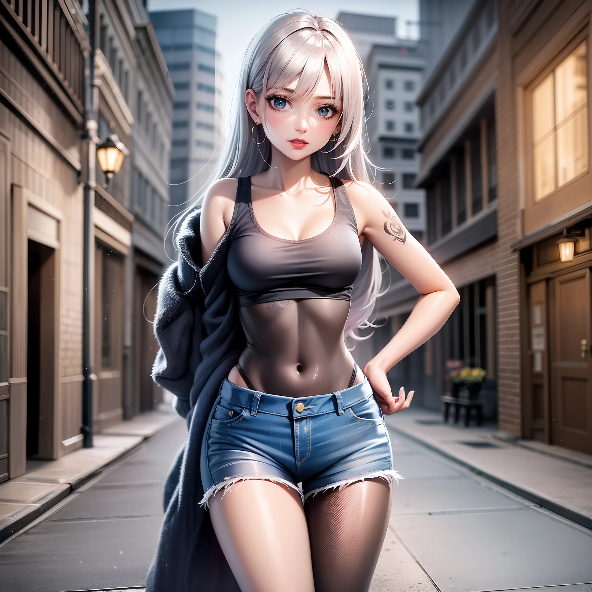 Urban beautiful girl high school student, masterpiece, light makeup, red lips, silver hair, messy long hair, street background, beautiful, elegant. Super fine details, master works, real texture, movie lighting realism, perfect work, 8k, HD, exquisite facial features, pink tight top, blue skinny denim shorts, black tights, slim figure, pear-shaped body, small man's waist, vest line, collarbone, bright big eyes, smooth skin, earrings, tattoos, beautiful long legs