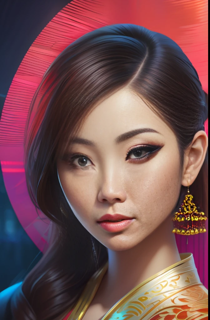 portrait of a beautiful Asian woman, with gorgeous makeup, glossy, 4k, 3D, vibrant color, intricate, elegant, highly detailed, digital painting, smooth, sharp focus, illustration art in the Andrew Gonzalez style