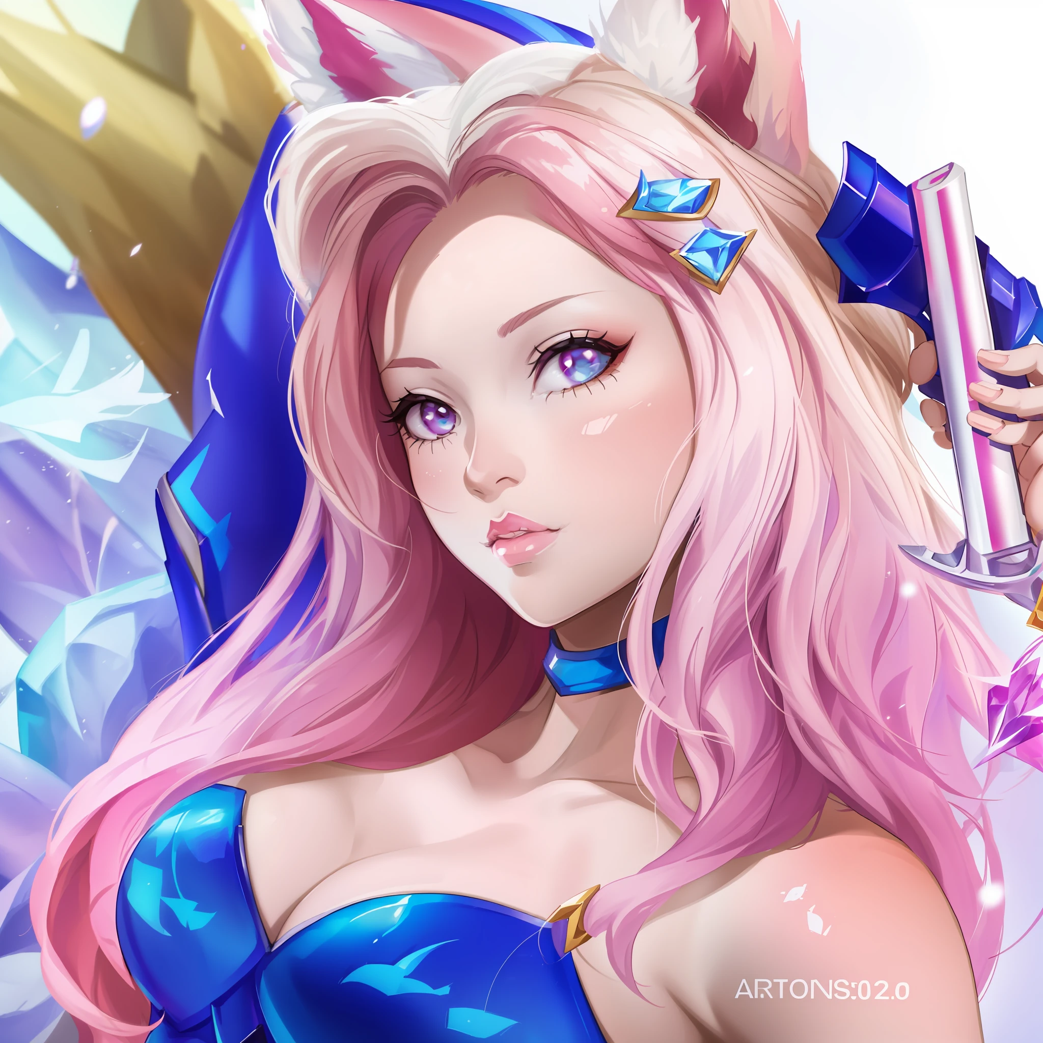 a close up of a woman with pink hair holding a gun, seraphine ahri kda, portrait of ahri, ahri, extremely detailed artgerm, rossdraws 2. 0, rossdraws pastel vibrant, rossdraws 1. 0, sakimichan frank franzzeta, rossdraws cartoon vibrant, ig model | artgerm