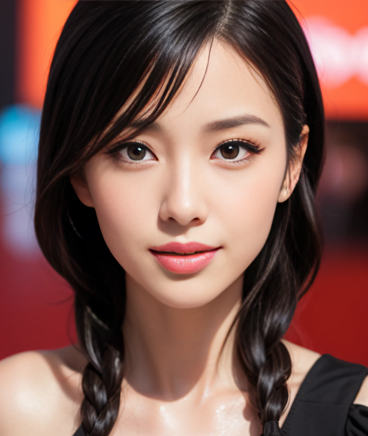 girl, Long hair, Black silk, Sexy, Lovely, Blush, Perfect facial features, multicolored hair, streaked hair, braid, hair strand, shiny hair, crown, rimless eyewear, heart hair ornament, mole under eye, longeyelashes, color contact lenses, smile, parted lips, Realism, Futurism, Art Deco, Expressionism, Contemporary art, chromatic aberration, cinematic lighting, ray tracing, bloom, anaglyph, optical illusion, from below, Sony FE GM, retina, 1080P, UHD, ccurate, textured skin, super detail, award winning, best quality, high details, high quality --chaos 100 --stylize 1000 --style ,