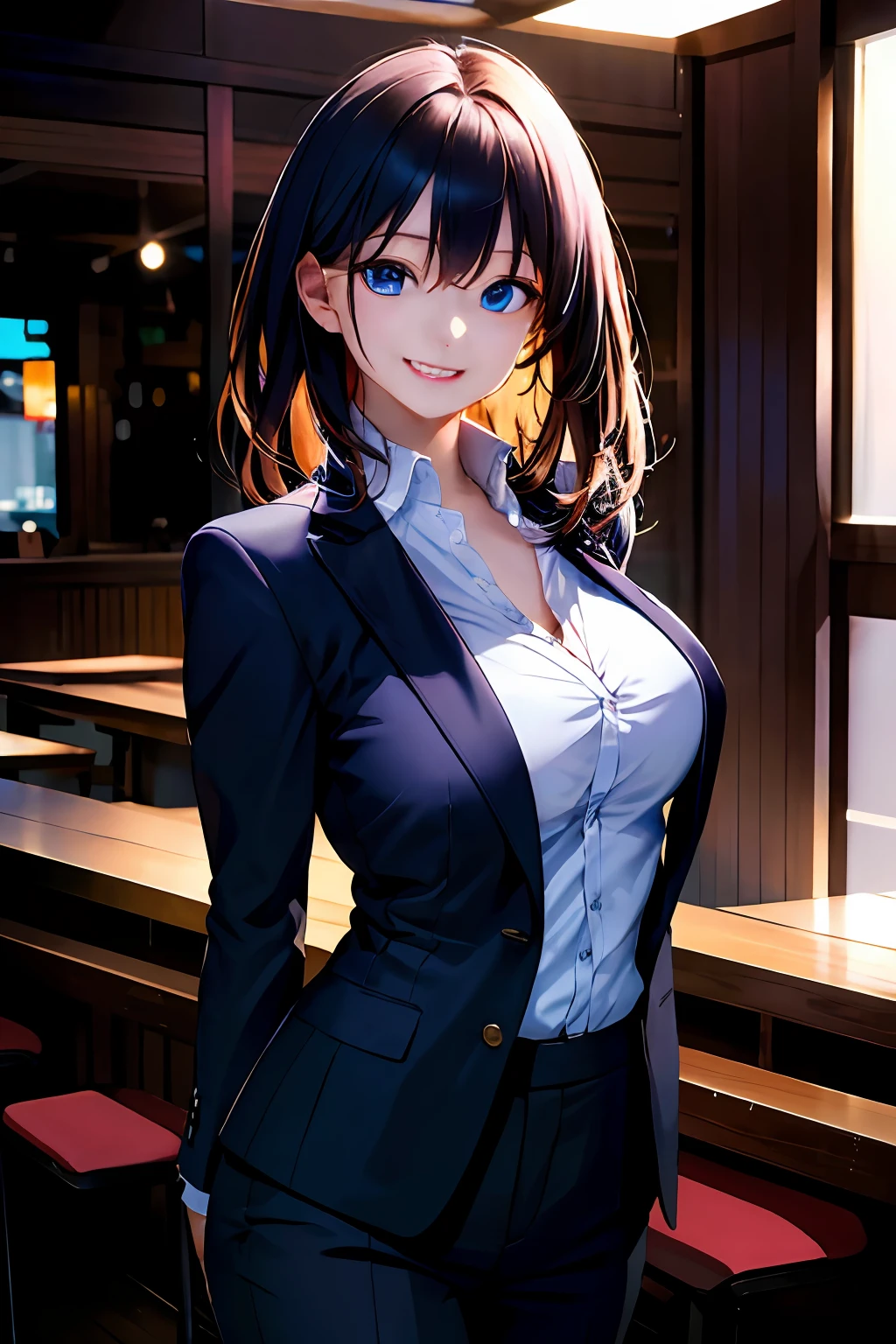 (8k, RAW photo, ultra high res, best quality, masterpiece:1.2), (realistic illustration), (extremely detailed CG unity 8k wallpaper), absurdres,
1 girl,21 yo, beautiful face,medium breasts,black medium hair,smile,tilting head,grin,upper body,slim fit pants,gray tailored jacket,office,upper body、乃木坂アイドル、女優、韓国アイドル