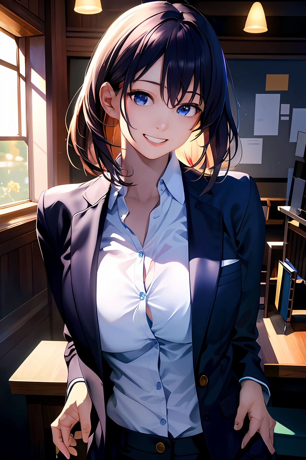 (8k, RAW photo, ultra high res, best quality, masterpiece:1.2), (realistic illustration), (extremely detailed CG unity 8k wallpaper), absurdres,
1 girl,21 yo, beautiful face,medium breasts,black medium hair,smile,tilting head,grin,upper body,slim fit pants,gray tailored jacket,office,upper body、乃木坂アイドル、女優、韓国アイドル