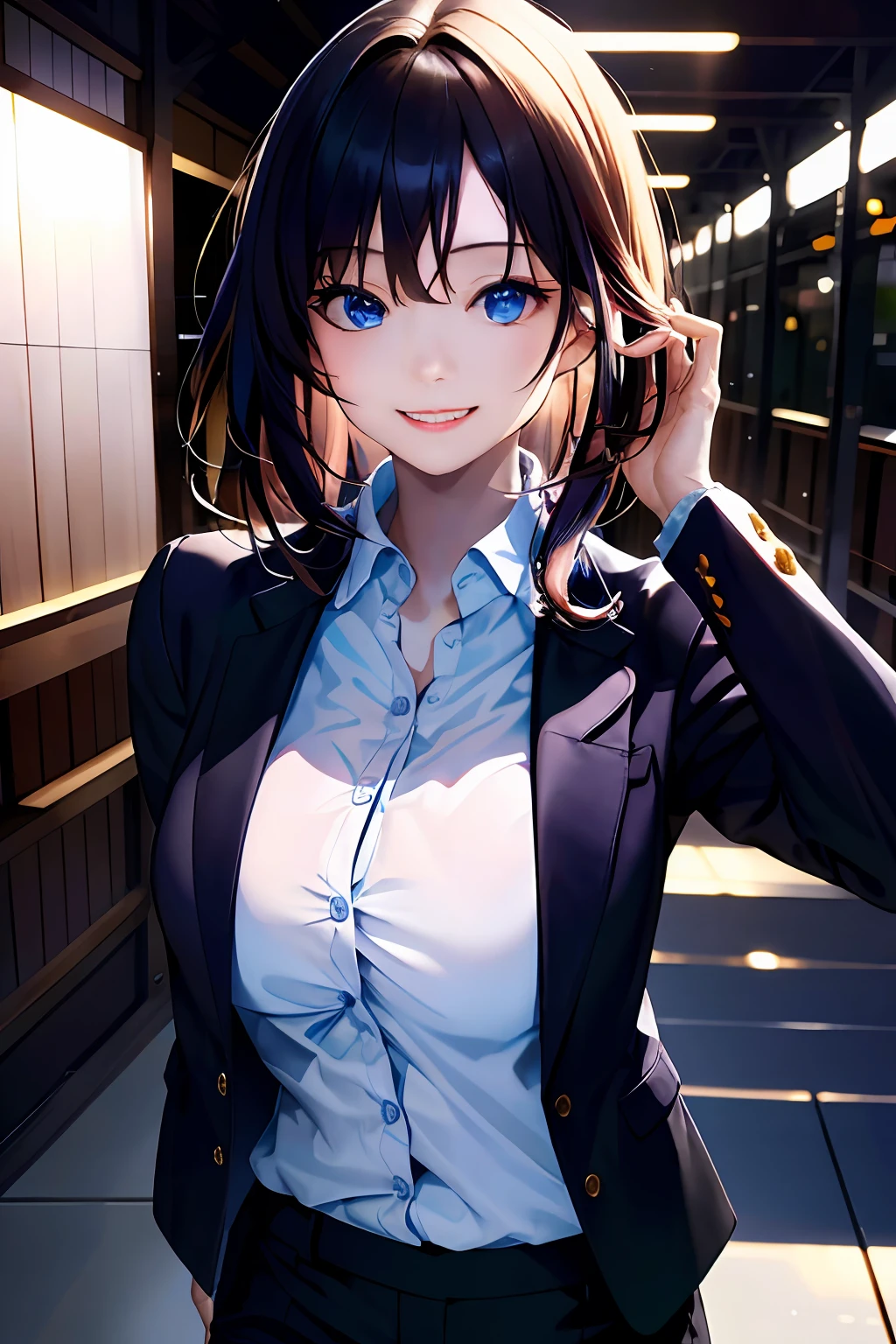 (8k, RAW photo, ultra high res, best quality, masterpiece:1.2), (realistic illustration), (extremely detailed CG unity 8k wallpaper), absurdres,
1 girl,21 yo, beautiful face,medium breasts,black medium hair,smile,tilting head,grin,upper body,slim fit pants,gray tailored jacket,office,upper body、乃木坂アイドル、女優、韓国アイドル