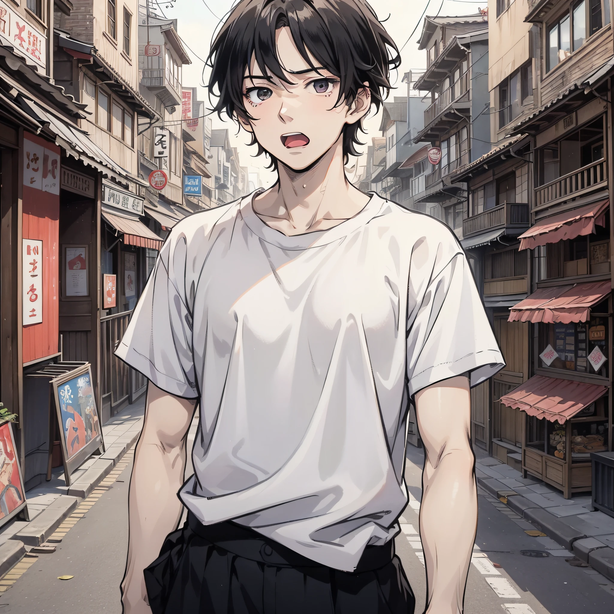 A young anime guy with short black hair and a white shirt about 30 years old standing on the side of the bazaar roadside shouting (open mouth 1.5) (panic, shocked expression 1.5) (background is the bazaar of the town 1.5) anime style 4 K, anime rendering, anime style. 8k, handsome anime face (upper body display 1.5) (handsome boy 1.3) (cinematic light 1.5)