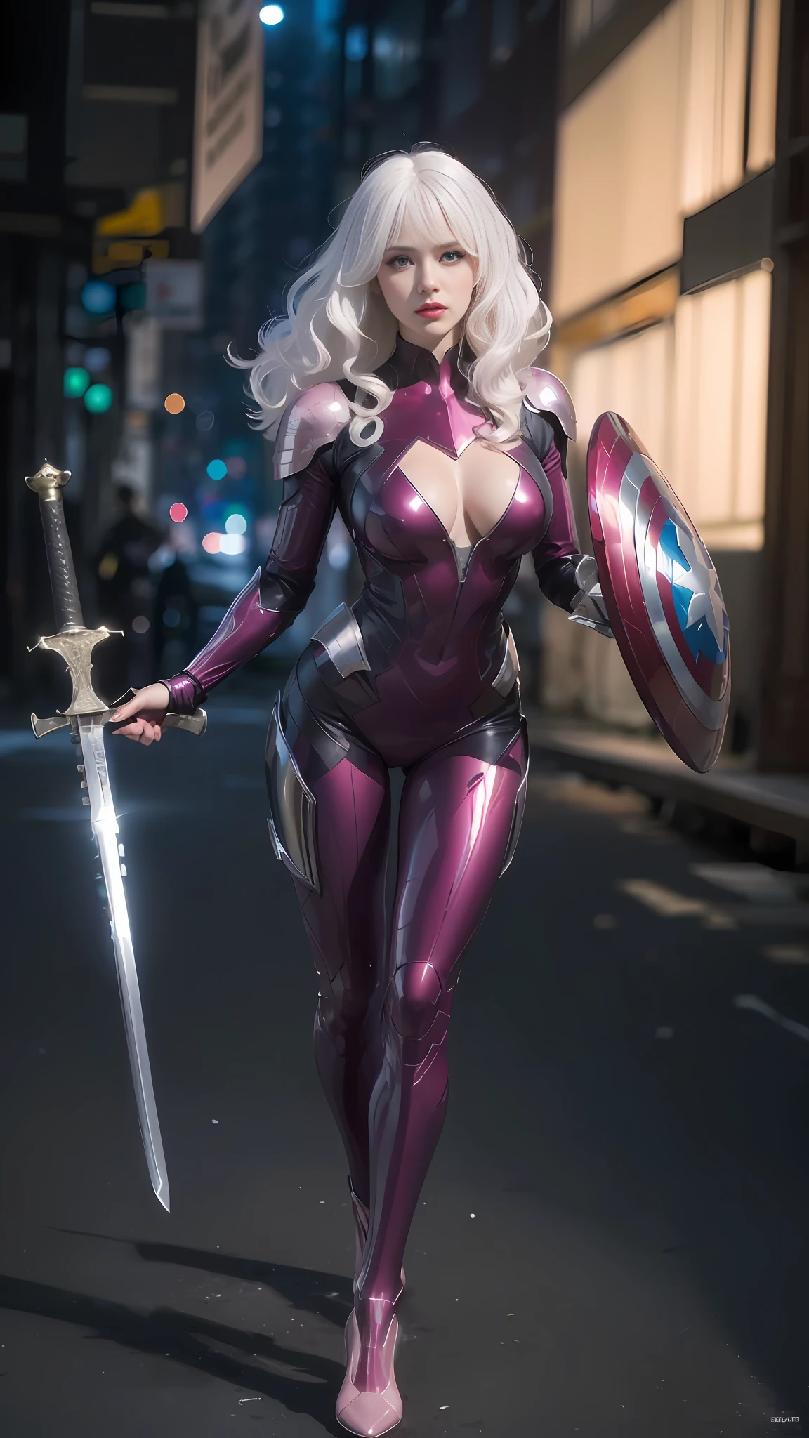 araffe woman in a shiny suit holding a sword and shield, slick pink armor, sleek purple armor, glamourous cosplay, purple armor, shiny plastic armor, wearing dark purple armor, armor girl, stunning armor, pvc armor, sharp silver armor fuchsia skin, streamlined pink armor, artgerm moody photography, extremely detailed artgerm