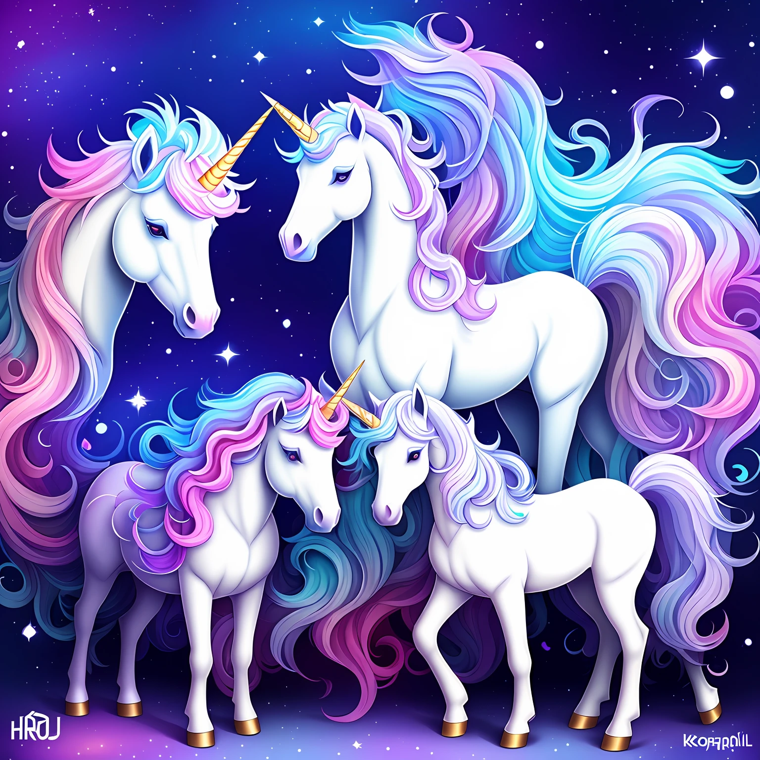 A unicorn, surrounded by a princess, princess yellow hair, cartoon style --auto