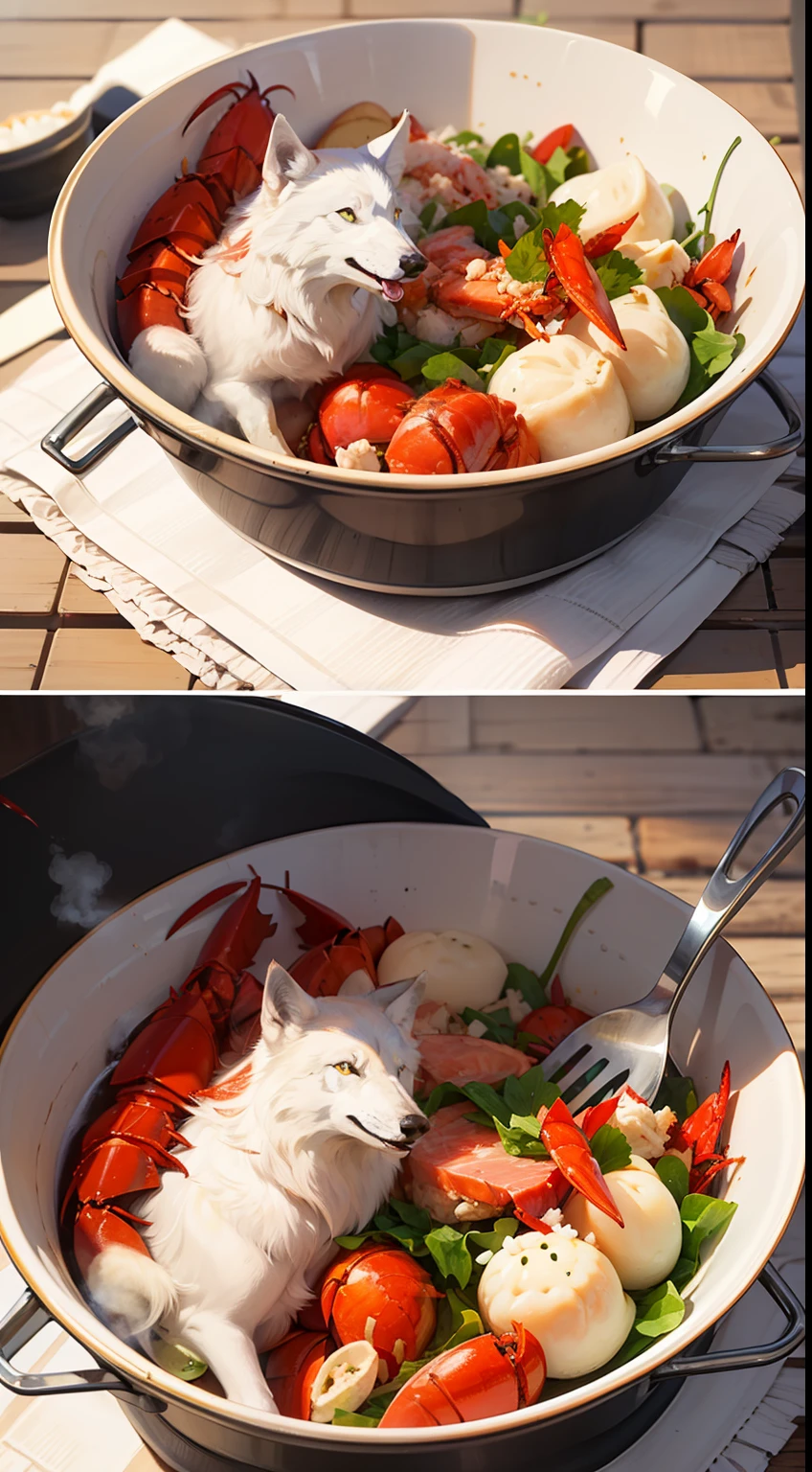 (photorealistic:1.2),masterpiece,best quality,highres,
(picnic:1.4),(lying white wolf:1.2),blanket,(delicious dishes:1.4),(meat),crab,(lobster),sandwich,(dumplings),bao zi,pot,(vegetable),[[pizza]],fruit,[bowl],
(fantasy world:1.2),daylight,sunshine,morning,warm,light particles,(steam:1.1)