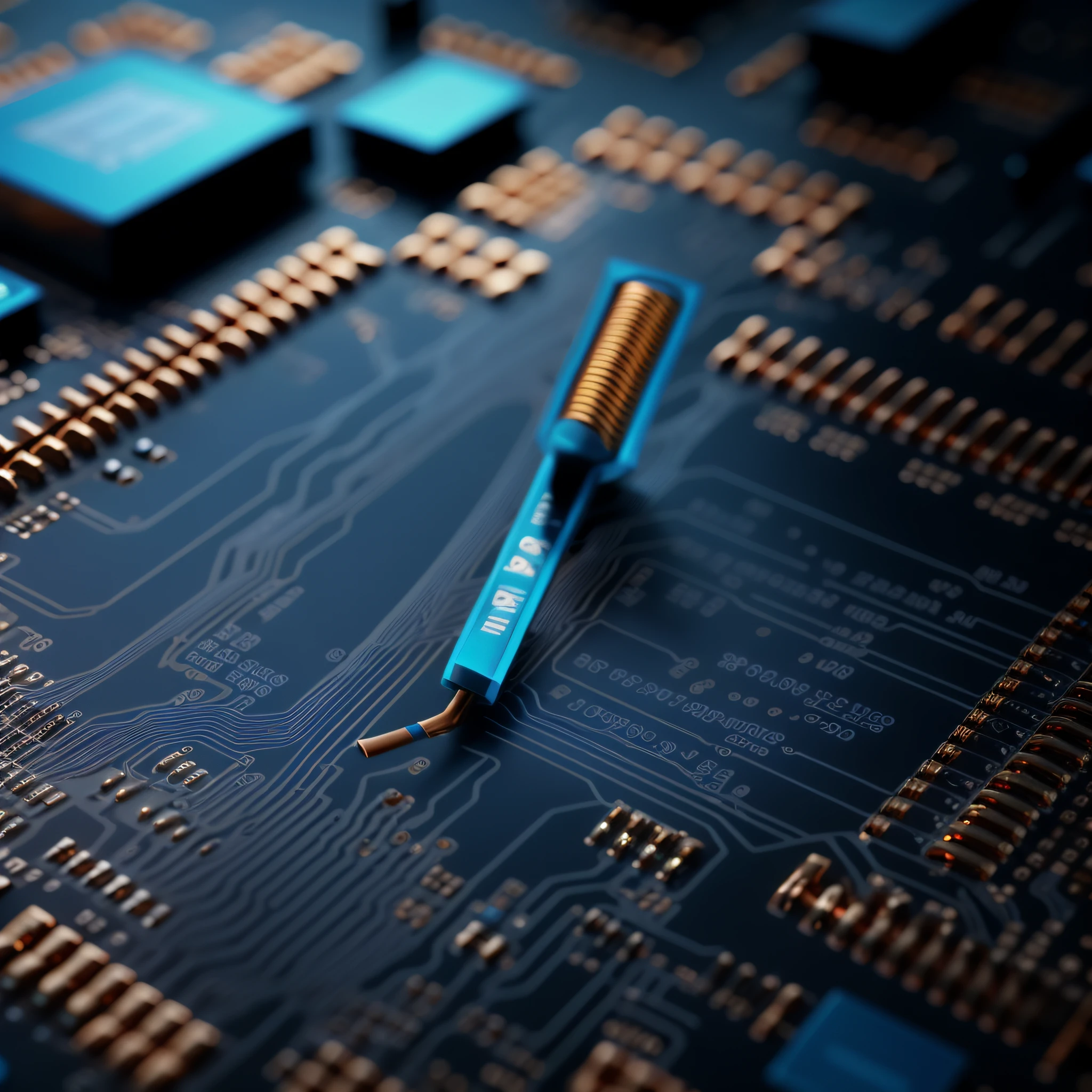 Technical circuit board close-up, computer chip, product close-up, photography close-up, movie rendering, C4D, 3D, UHD texture detail, resistors, lighting circuit, blue tone, (best quality, masterpiece), product on table, remove complex objects, chiaroscuro, UHD, 8k, best quality, simple background