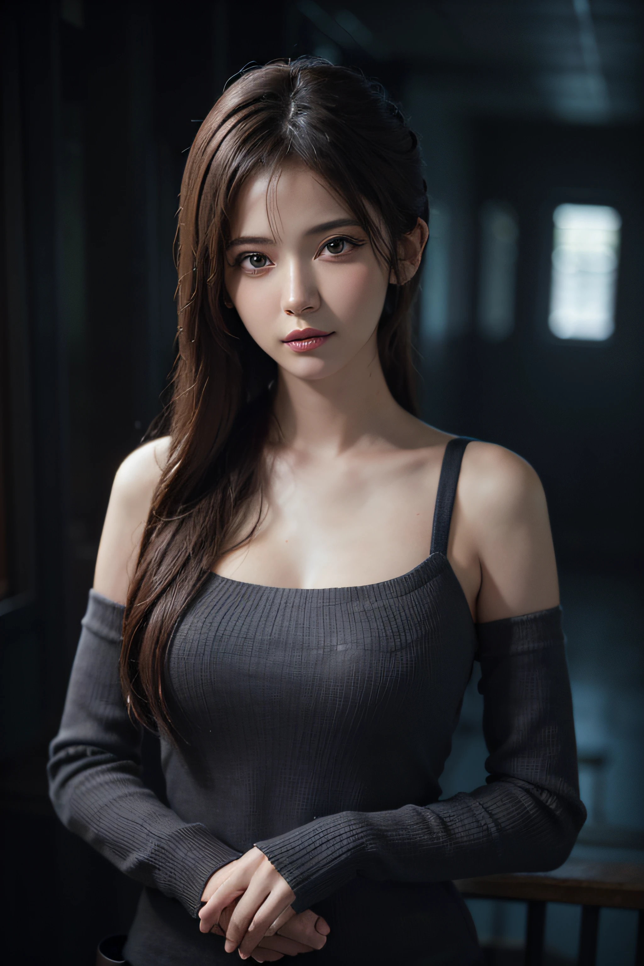 Fantasy art, photorealism, dynamic lighting, artstation, poster, volumetric lighting, very detailed faces, (official uniform: 1.4), long hair, sweater, delicate collarbone, bare shoulders, full breasts