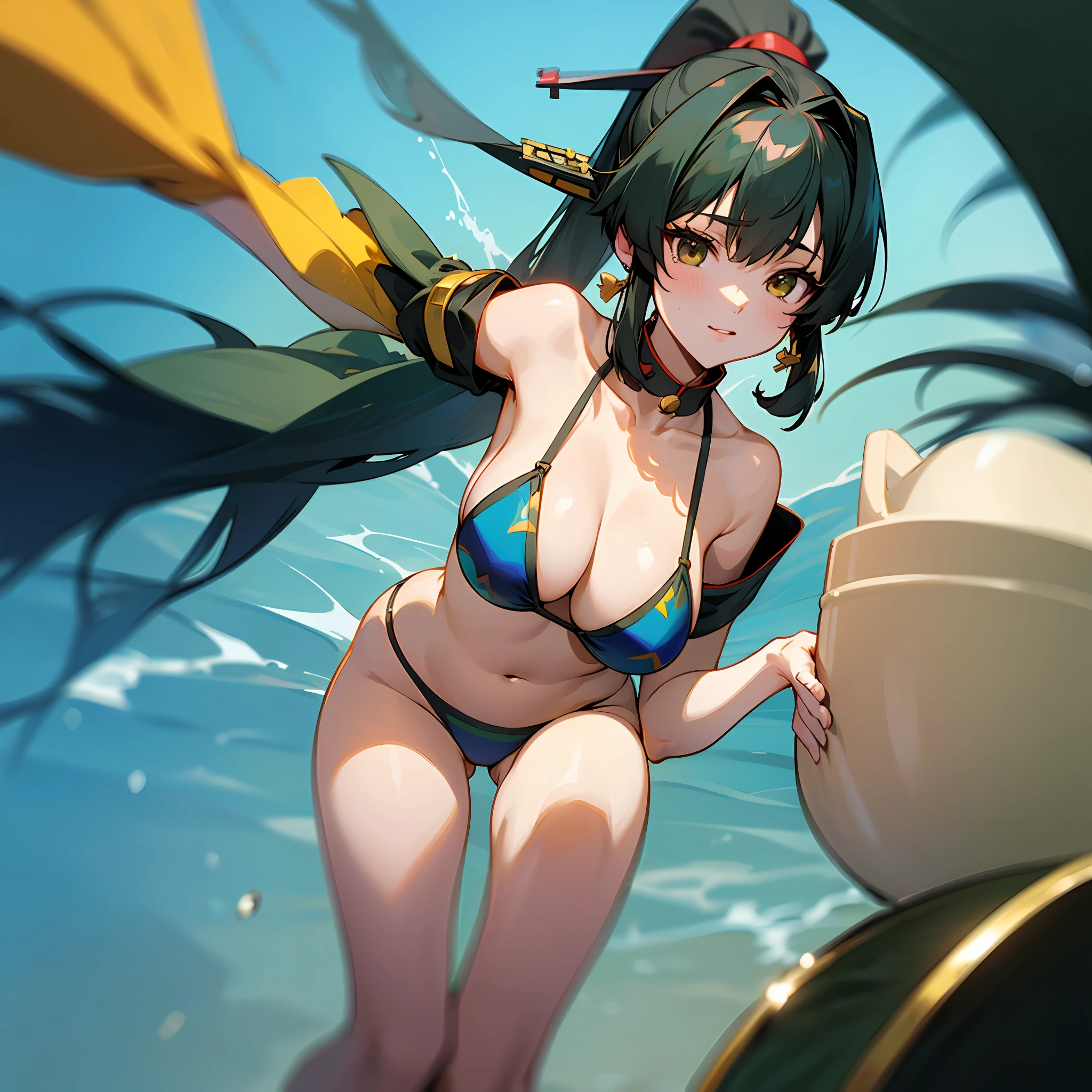 Yamato Nadeshiko 1 Person Metallic Bikini Green Black Hair Ponytail Sea Tetra Pot Hip Thigh Glamorous