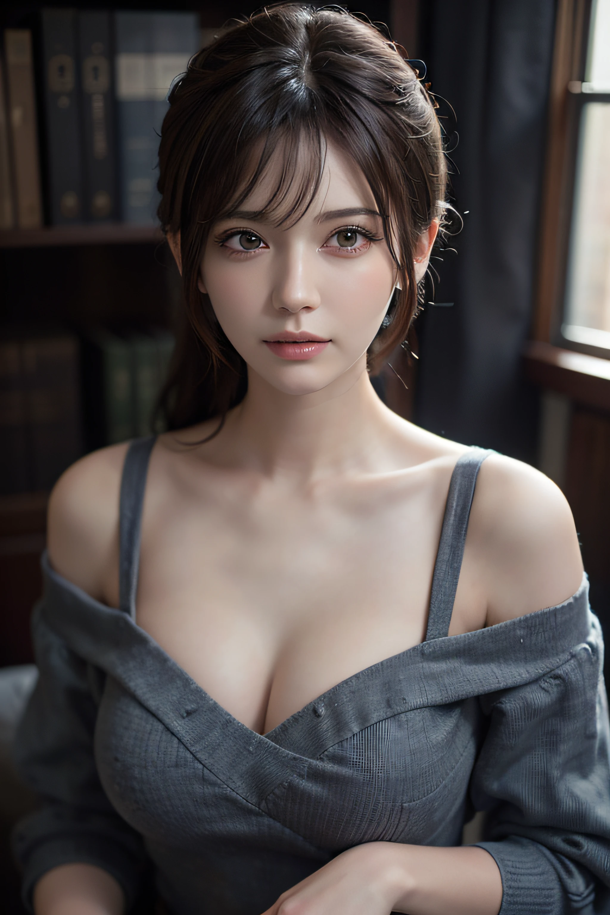 Fantasy art, photorealism, dynamic lighting, artstation, poster, volumetric lighting, very detailed faces, (official uniform: 1.4), long hair, sweater, delicate collarbone, bare shoulders, full breasts