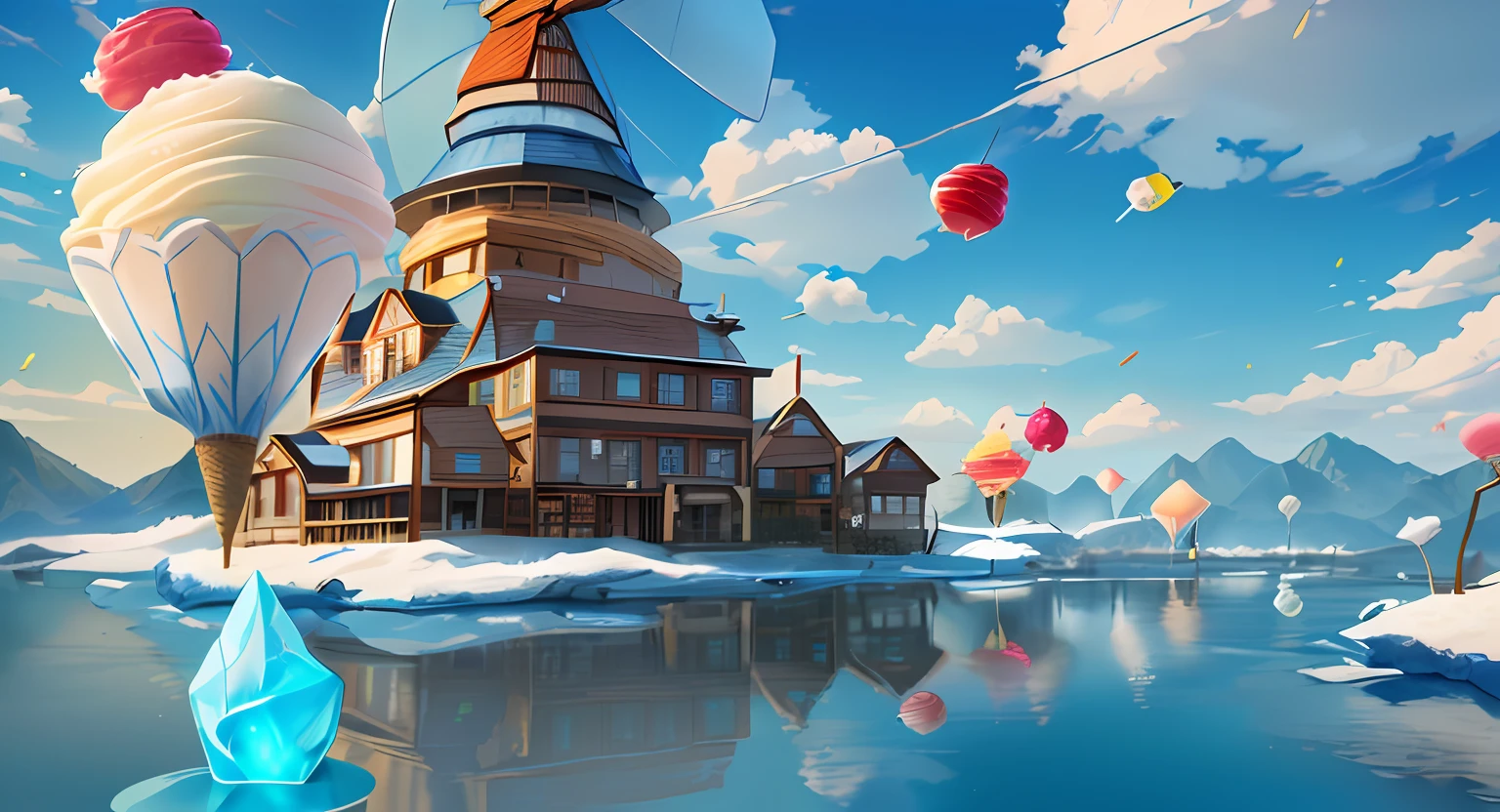 Cartoon style game scene, dusk white clouds, sky, childlike happy atmosphere, the whole picture is bright yellow as the main color, colorful colors, (ice cream), (candy), (fruit), close view river water, cartoon cute ice cream, card ventilator, candy world, lemon windmill, fairy tale world, ultra HD, master masterpiece, best quality, realistic lighting, masterpiece, high quality, beautiful graphics, global illumination, (HDR:1.3), best quality, 8k, perspective, depth of field, high resolution，