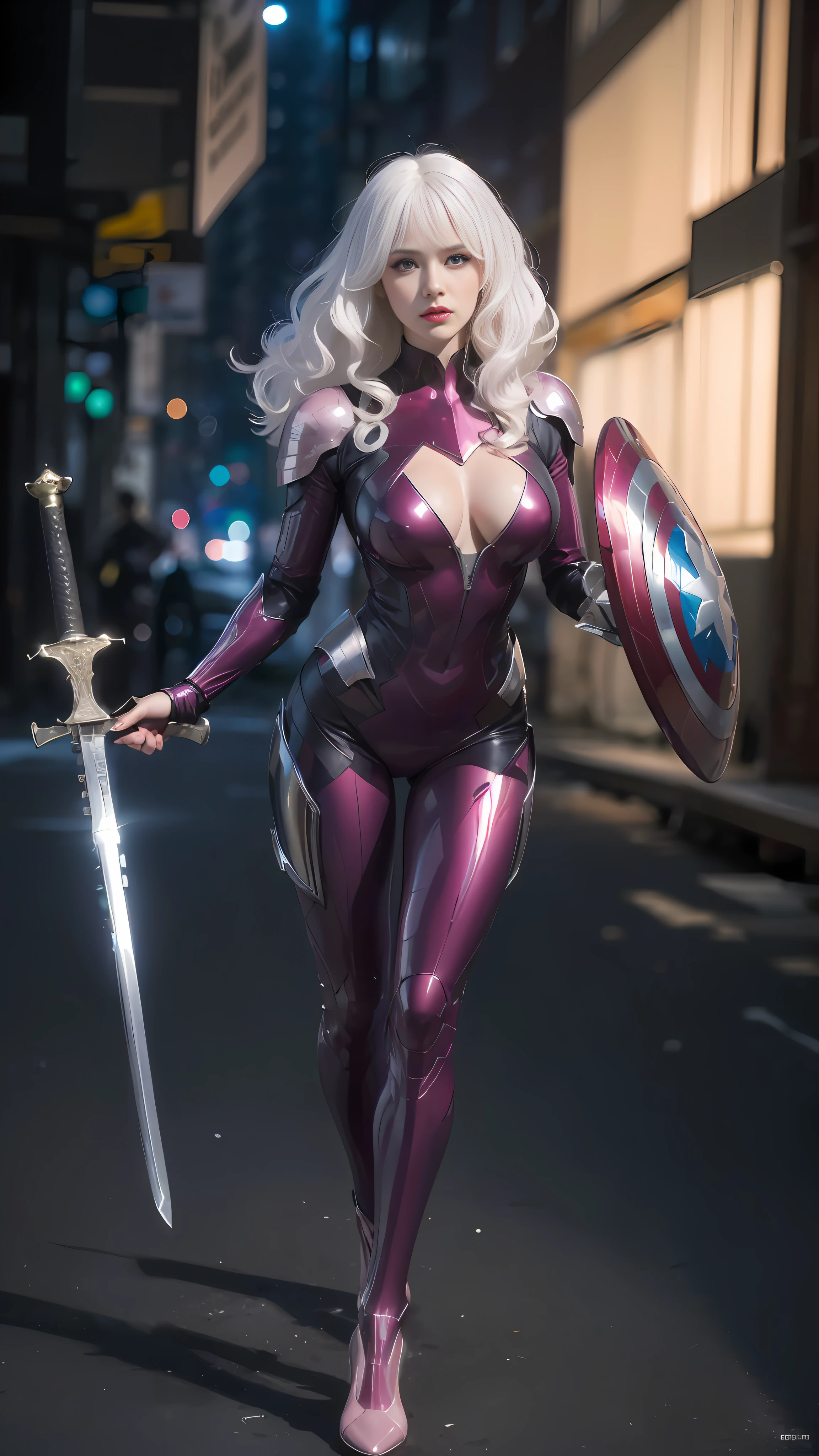 araffe woman in a shiny suit holding a sword and shield, slick pink armor, sleek purple armor, glamourous cosplay, purple armor, shiny plastic armor, wearing dark purple armor, armor girl, stunning armor, pvc armor, sharp silver armor fuchsia skin, streamlined pink armor, artgerm moody photography, extremely detailed artgerm