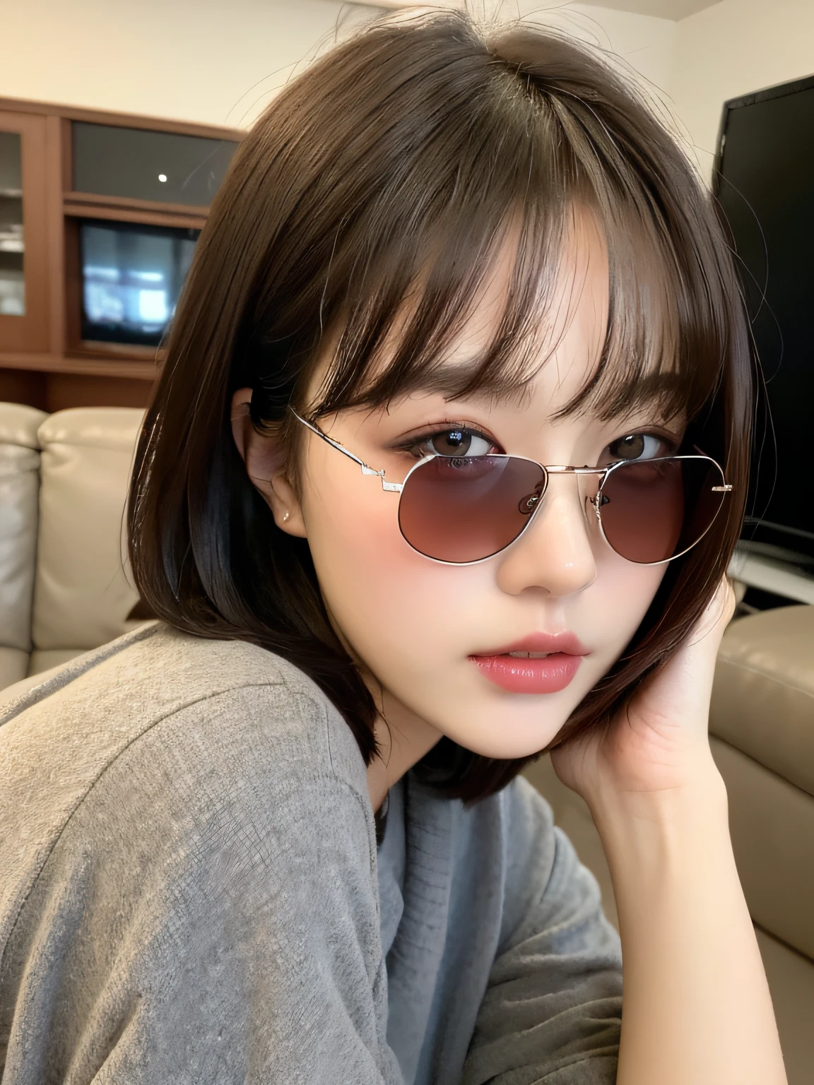 ((Best Quality, 8K, Masterpiece: 1.3)), 1 girl, full body, slim face, beautiful woman, (short dark brown hair), casual wear, ultra-detailed face, detailed eyes, evening, head down, sunglasses sitting on sofa in living room, dark light, blurred background, slim face,