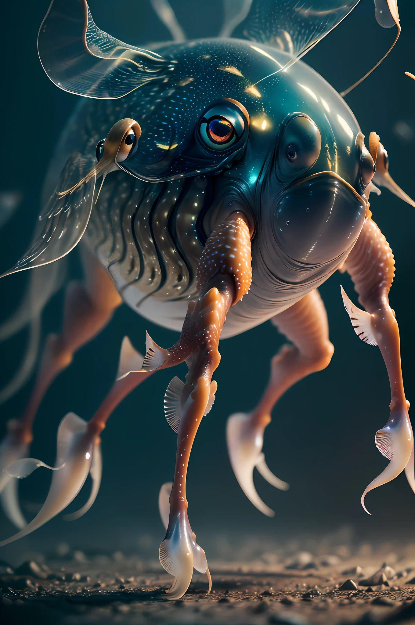 Big six legs creature transparent and lighting body, walking on all legs, (((cuttlefish head))), four eyes, sic leghs, high image quality, realistic look, high-resolution photography, 8K, full-frame matrix, deep shadows, ((one character)), (intricate details, subsurface scattering, hyperdetailed:1.15), (hyperrealism, volumetric lighting, sharp:1.5) Fujifilm XT3