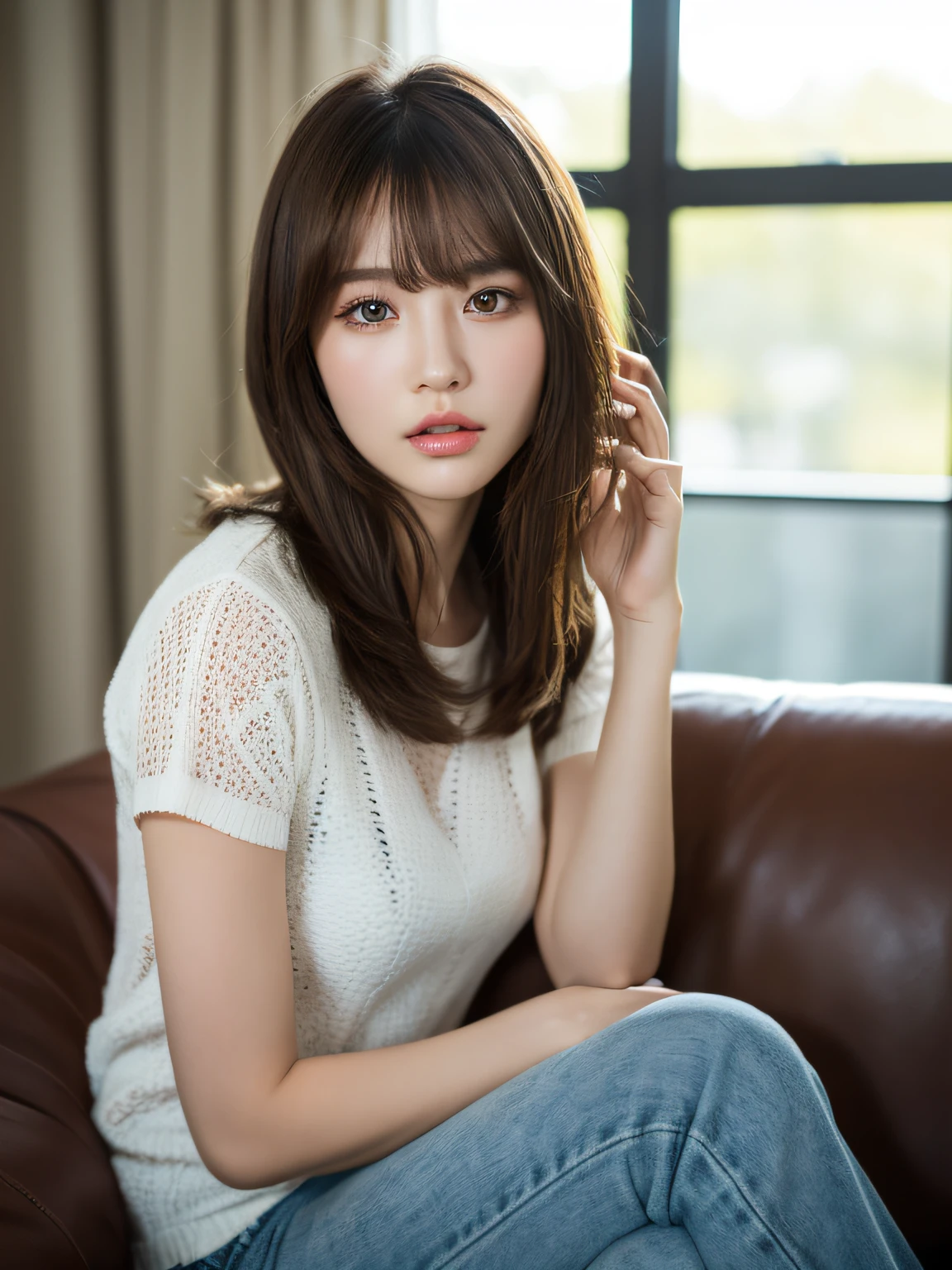 ((Best Quality, 8K, Masterpiece: 1.3)), 1 girl, full body, slim face, beautiful woman, (short dark brown hair), casual wear, ultra-detailed face, detailed eyes, evening, head down, sunglasses sitting on sofa in living room, dark light, blurred background, slim face,