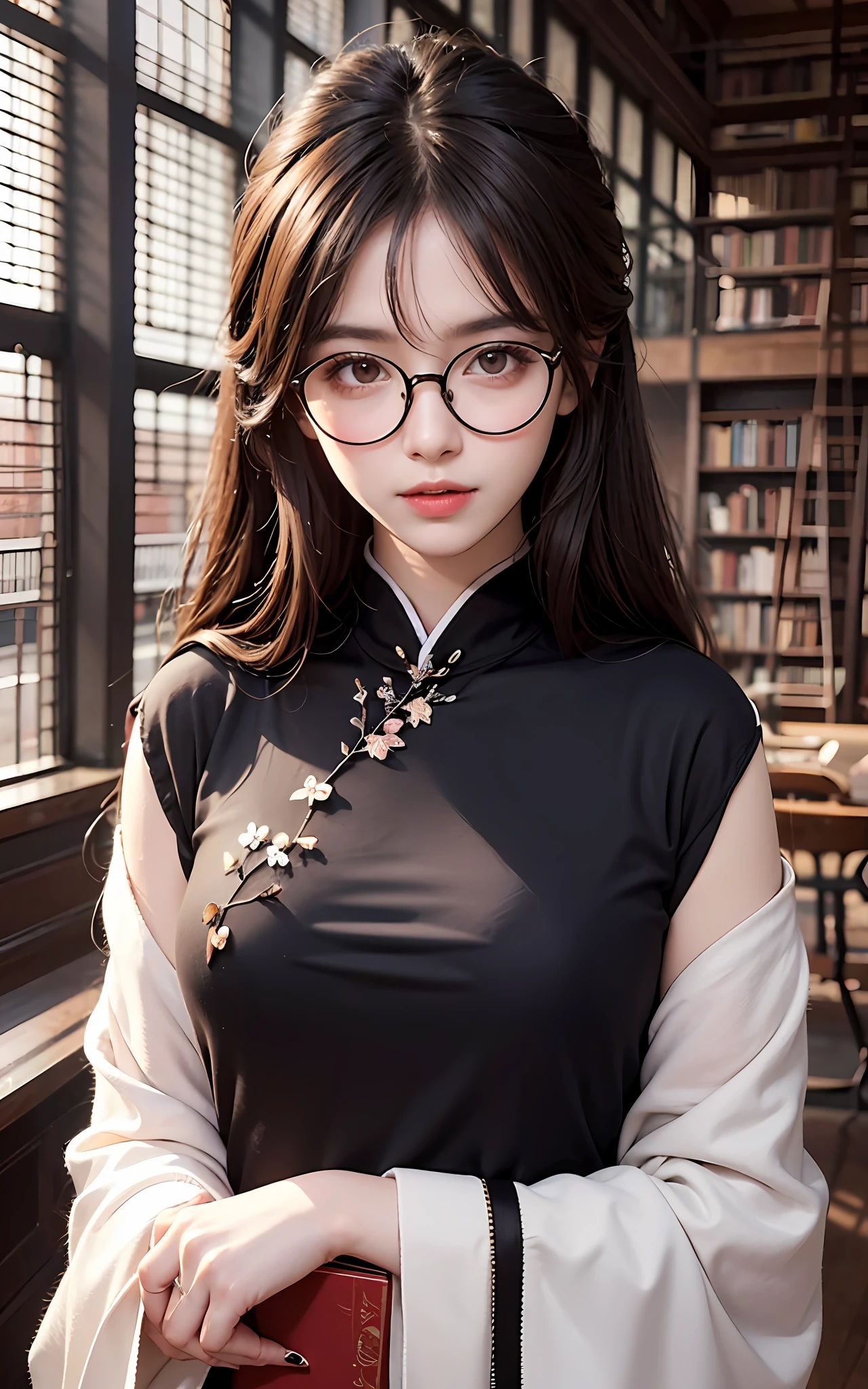Top Quality, 8K, 4K, High Definition, Details Beautiful round glasses girl, dark-haired girl, oriental style everyday clothes, library with good atmosphere, upper body in the picture,