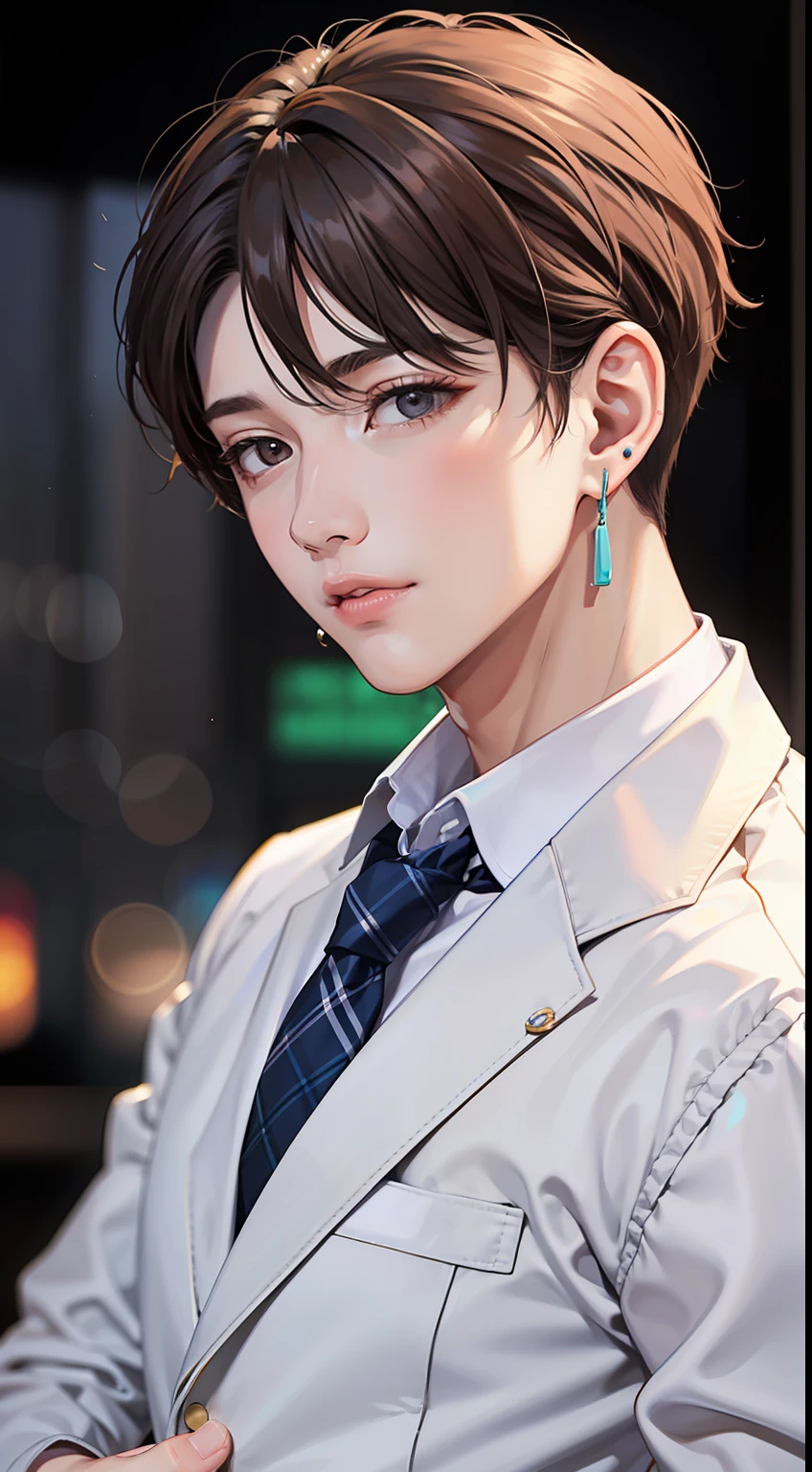 (best quality),  flower, solo, 1boy, male focus, holding, formal, shirt, suit, white shirt,earphones, blurry, blurry background, earrings, jewelry, brown hair