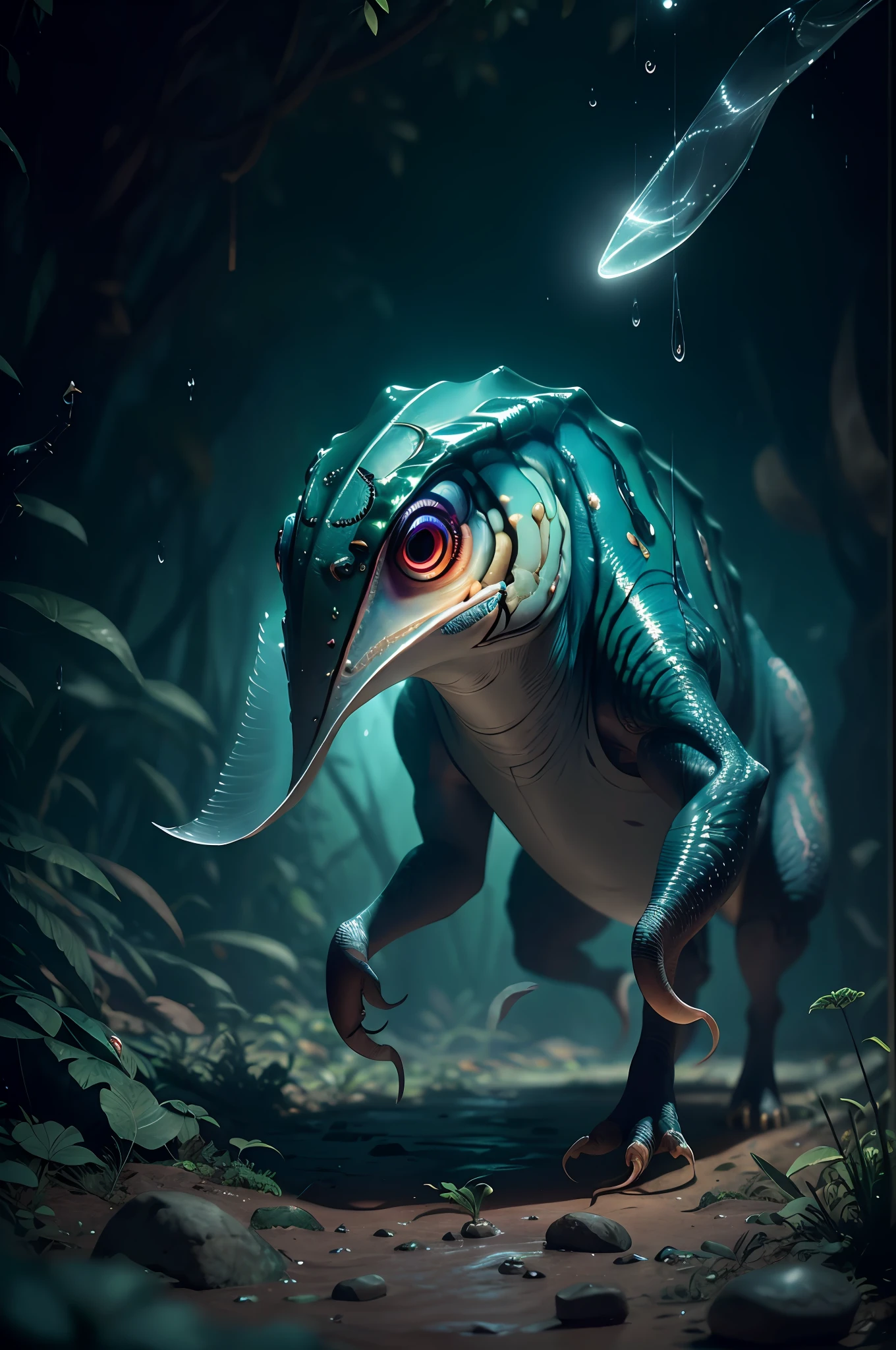 Big creature Luke dinozaur with six legs creature with transparent and lighting body, walking on all six legs, (((cuttlefish head))), ((four eyes)), six leghs, in the jungle, jungle, rain forest, high image quality, realistic look, high-resolution photography, 8K, full-frame matrix, deep shadows, ((one character)), (intricate details, subsurface scattering, hyperdetailed:1.15), (hyperrealism, volumetric lighting, sharp:1.5) Fujifilm XT3