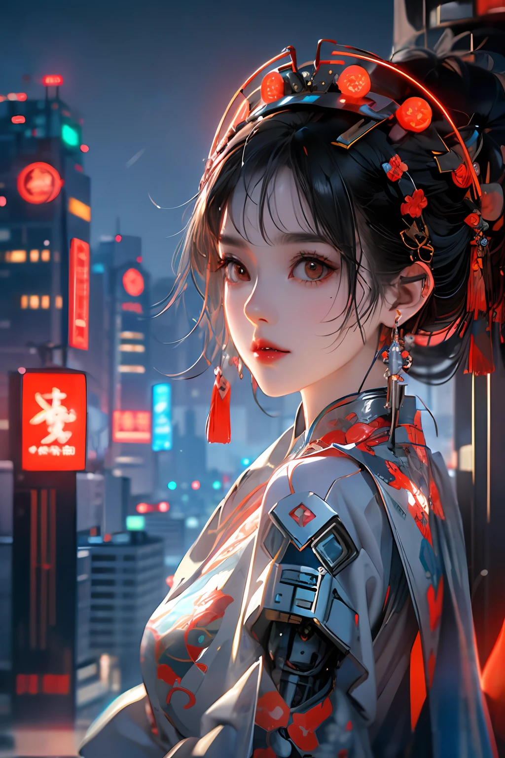 A beautiful girl, full body, clear facial features, amazing facial features, ancient Chinese costumes, Chinese cyberpunk, cyberpunk city headwear, hair accessories, super complex design, mechanical mecha, technology, stunning lighting, C4D, OC rendering, cinematic edge light, fine light, masterpiece, super detail, epic composition, ultra HD, high quality, 32k