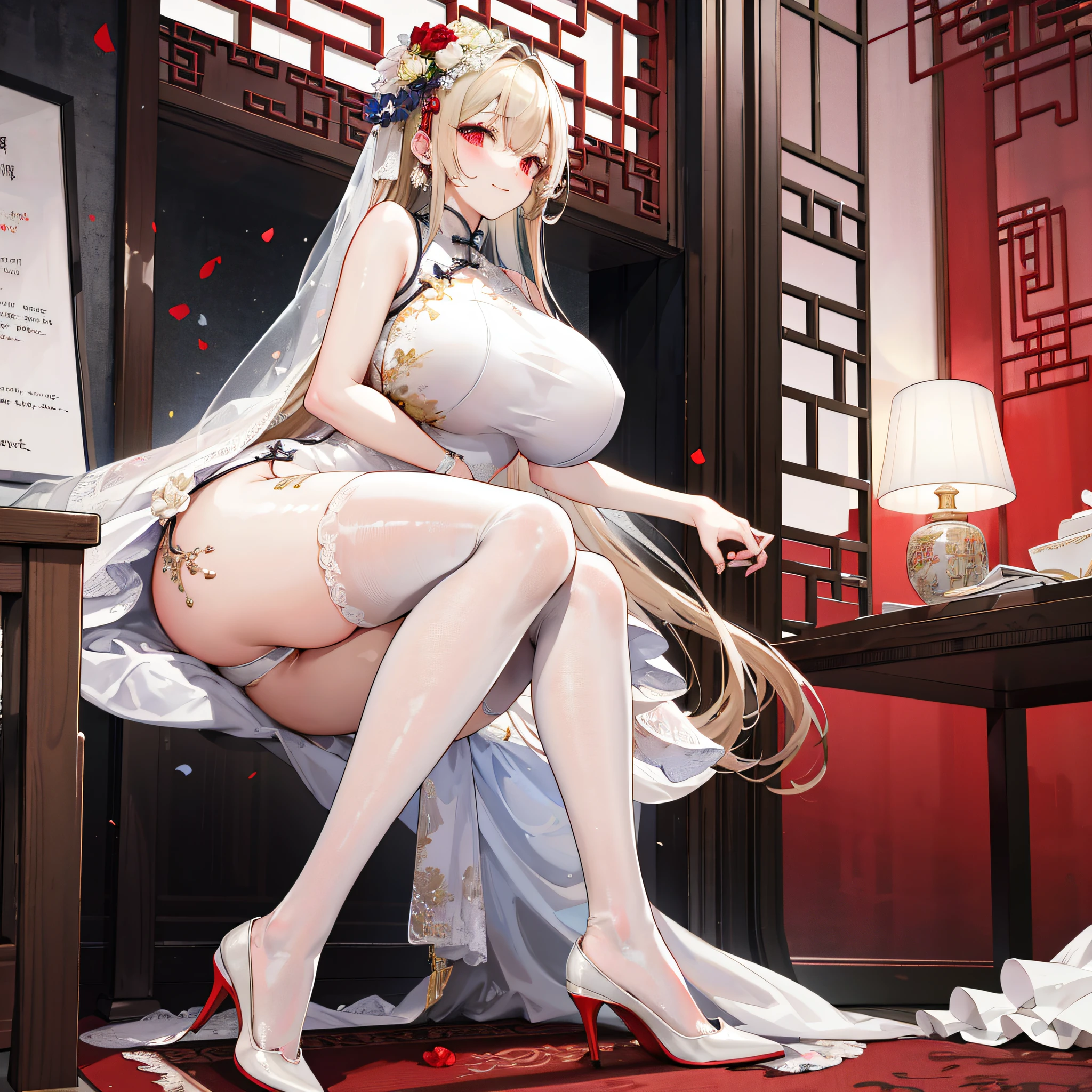 masterpiece, best quality, (wedding dress:china dress:1.5), masterpiece,best quality,official art,extremely detailed CG unity 8k wallpaper, day, against backlight at dusk, mature female, long hair, blonde hair, disheveled hair, bangs, visible through hair, red eyes, covering eyes, huge breasts, (white kneehighs:1.5）,（white high heels：1.2）, fingersmile,transparent,see-through ，.