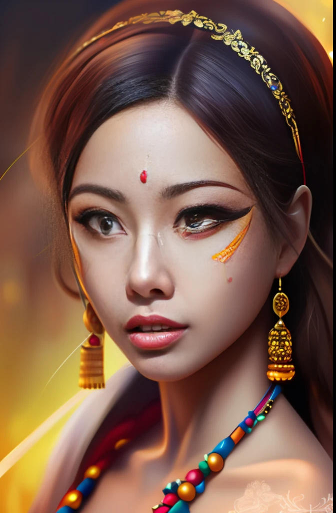portrait of a beautiful Asian woman, with gorgeous makeup, glossy, 4k, 3D, vibrant color, intricate, elegant, highly detailed, digital painting, smooth, sharp focus, illustration art in the Andrew Gonzalez style