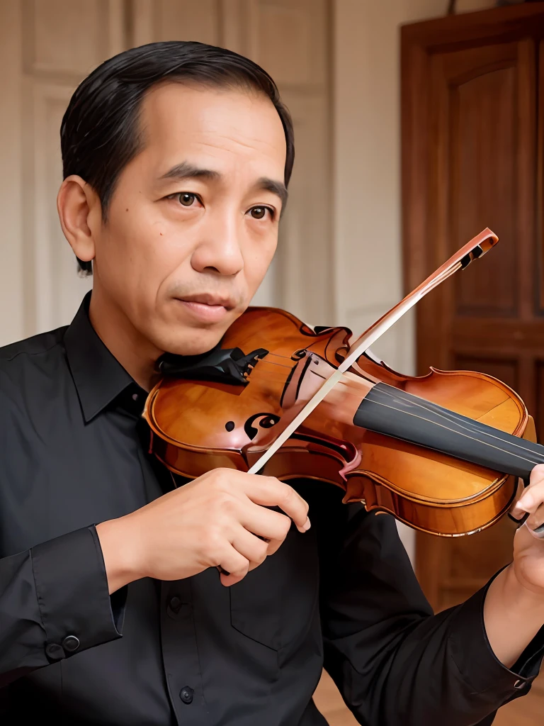 4k, Best quality, masterpiece, ultra high res, beautiful lighting, (realistic, photo-realistic:1.4), realistic background,  jokowi, 1man, 50 years old, playing violin, The musician's fingers dance along the strings, caressing them with a tender touch. Each movement is deliberate and precise, as if engaged in an intimate conversation with the instrument. The hand glides effortlessly across the fingerboard, effortlessly navigating the intricate tapestry of notes.