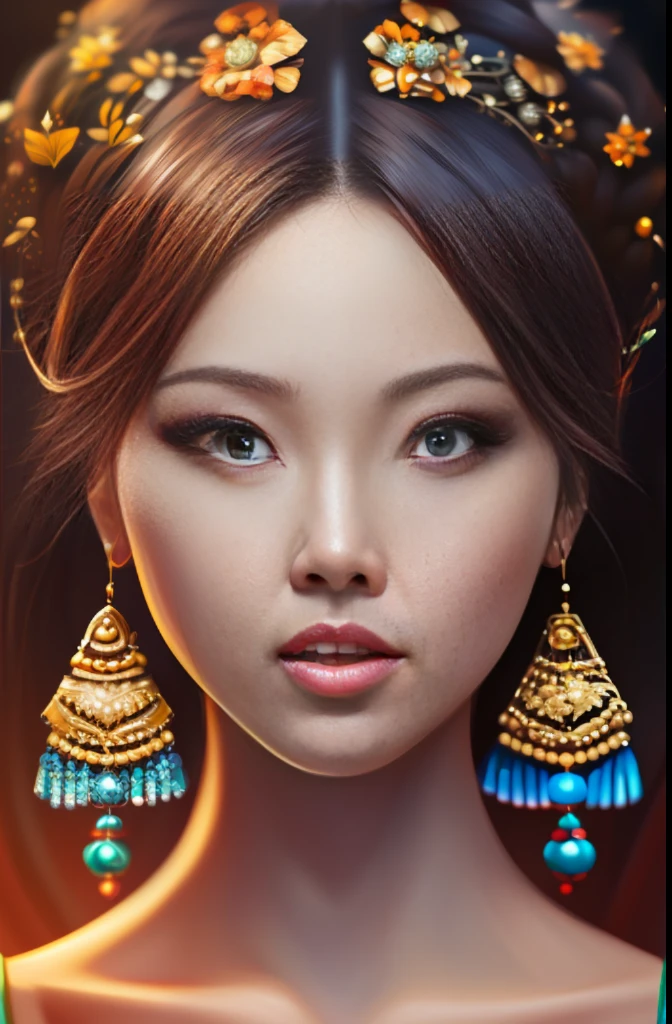 portrait of a beautiful Asian woman, with gorgeous makeup, glossy, 4k, 3D, vibrant color, intricate, elegant, highly detailed, digital painting, smooth, sharp focus, illustration art in the Andrew Gonzalez style