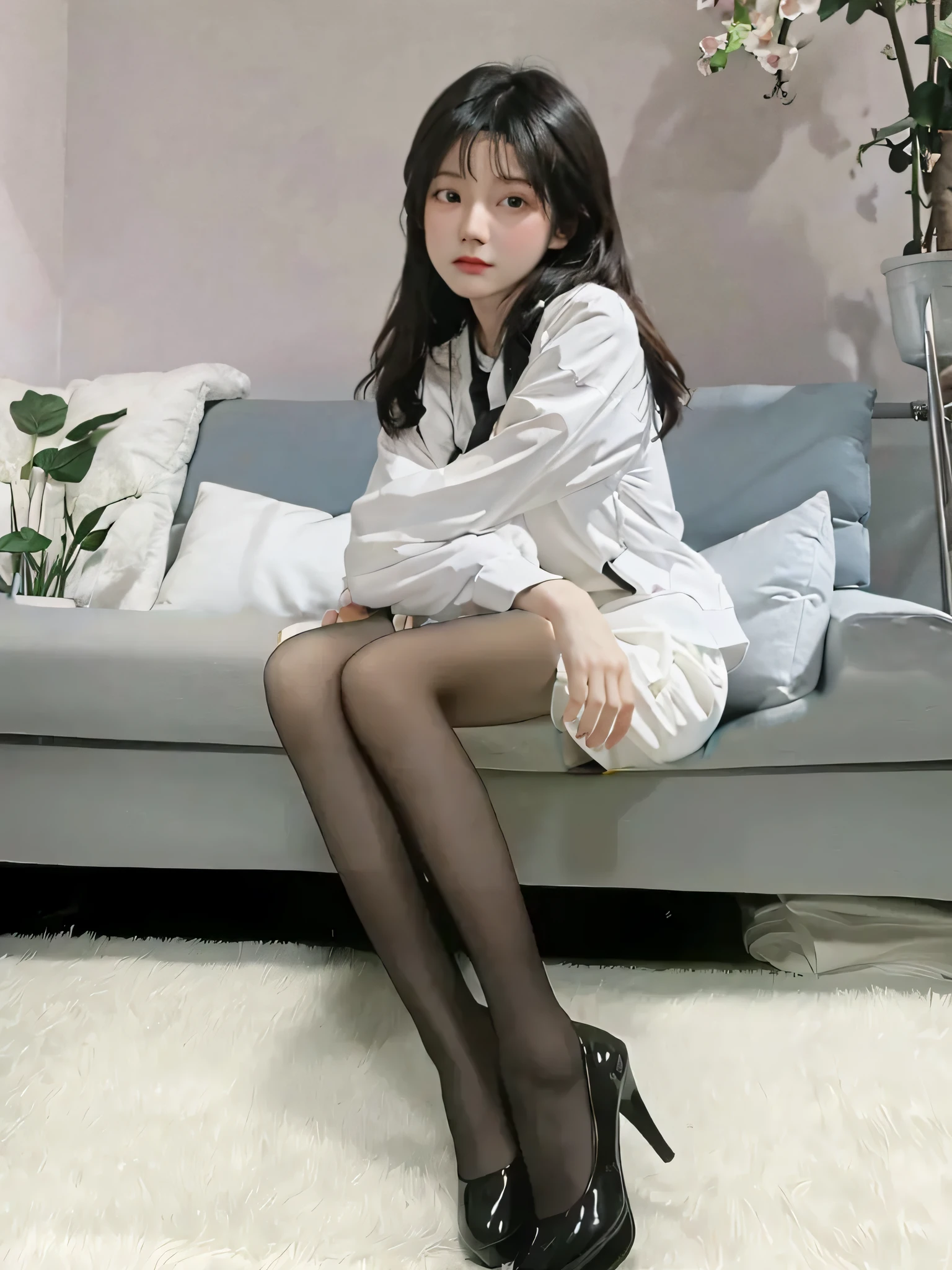 Girl, white tights, gaze viewer, sofa