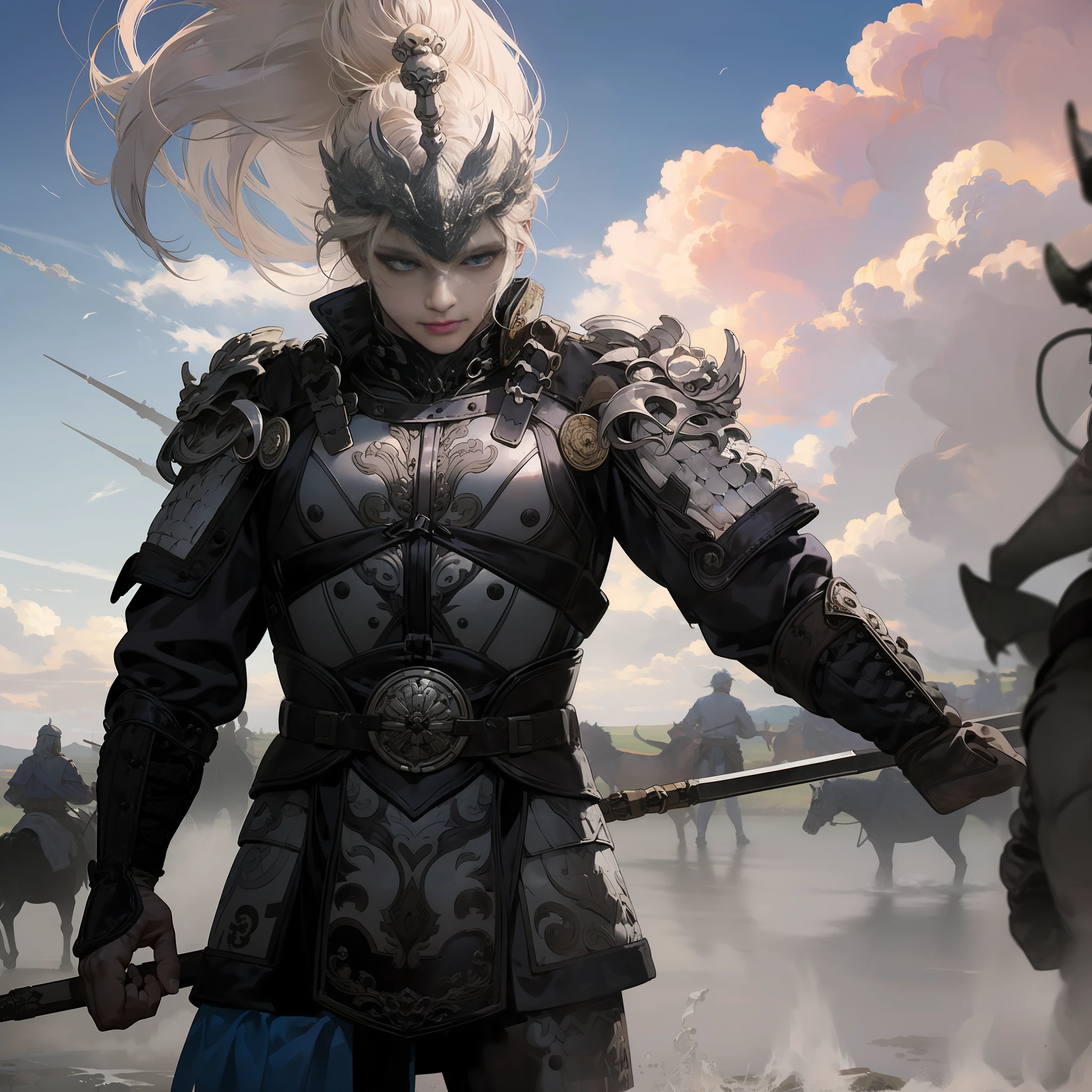 1 Girl, Gray Pupil, Textured Skin, Flowing Clouds, Epic Weapon Spear, and Scene, Floating Hair, Metal Headdress, Surrounding Enemies, Fight Action, Riding a White Horse, Rage, Upper Body, Looking at the Audience, Best Quality, 32k