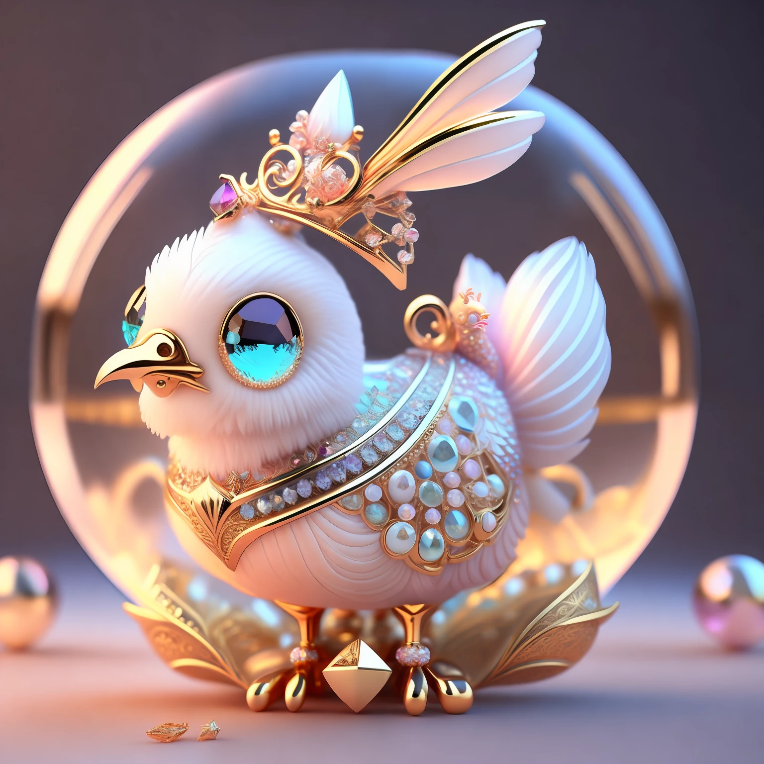 A cute crystal ball zodiac chicken embellished with various jewelry ornaments and low-poly eyes is a highly detailed and complex concept art craft using Artstation 8k quality.