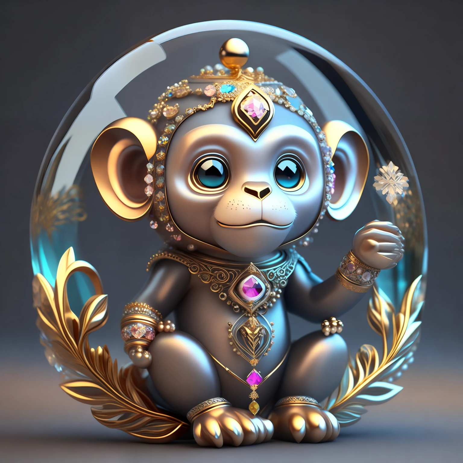 A cute crystal ball zodiac monkey embellished with various jewelry ornaments and low-poly eyes is a highly detailed and intricate conceptual art craft using Artstation 8k quality.