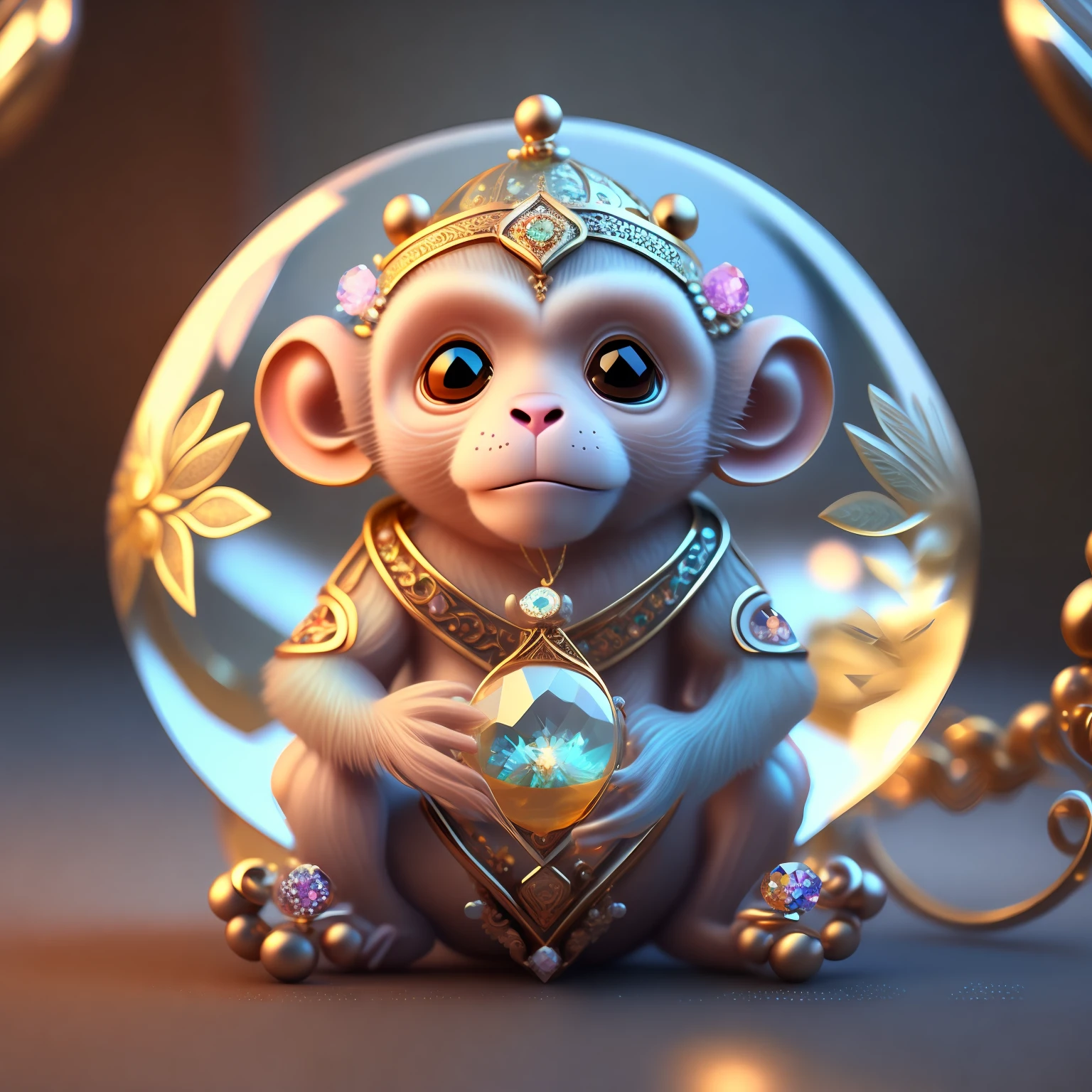 A cute crystal ball zodiac monkey embellished with various jewelry ornaments and low-poly eyes is a highly detailed and intricate conceptual art craft using Artstation 8k quality.