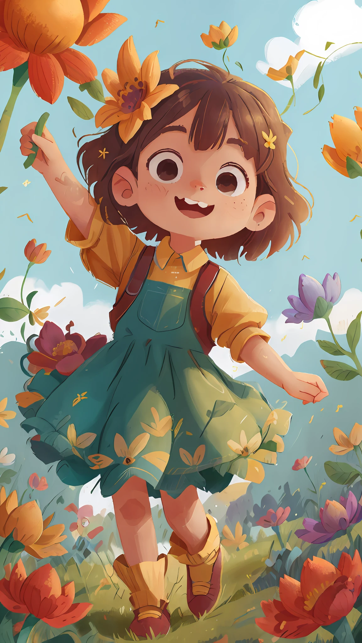 A girl holding flowers, colorful balloons floating in the sky, meadow, dancing, holding flowers, happy, happy, perfect quality, clear focus (clutter-home: 0.8), (masterpiece: 1.2) (Realistic: 1.2) (Bokeh) (Best quality) (Detailed skin: 1.3) (Intricate details) (8K) (Detail Eyes) (Sharp Focus), (Happy)