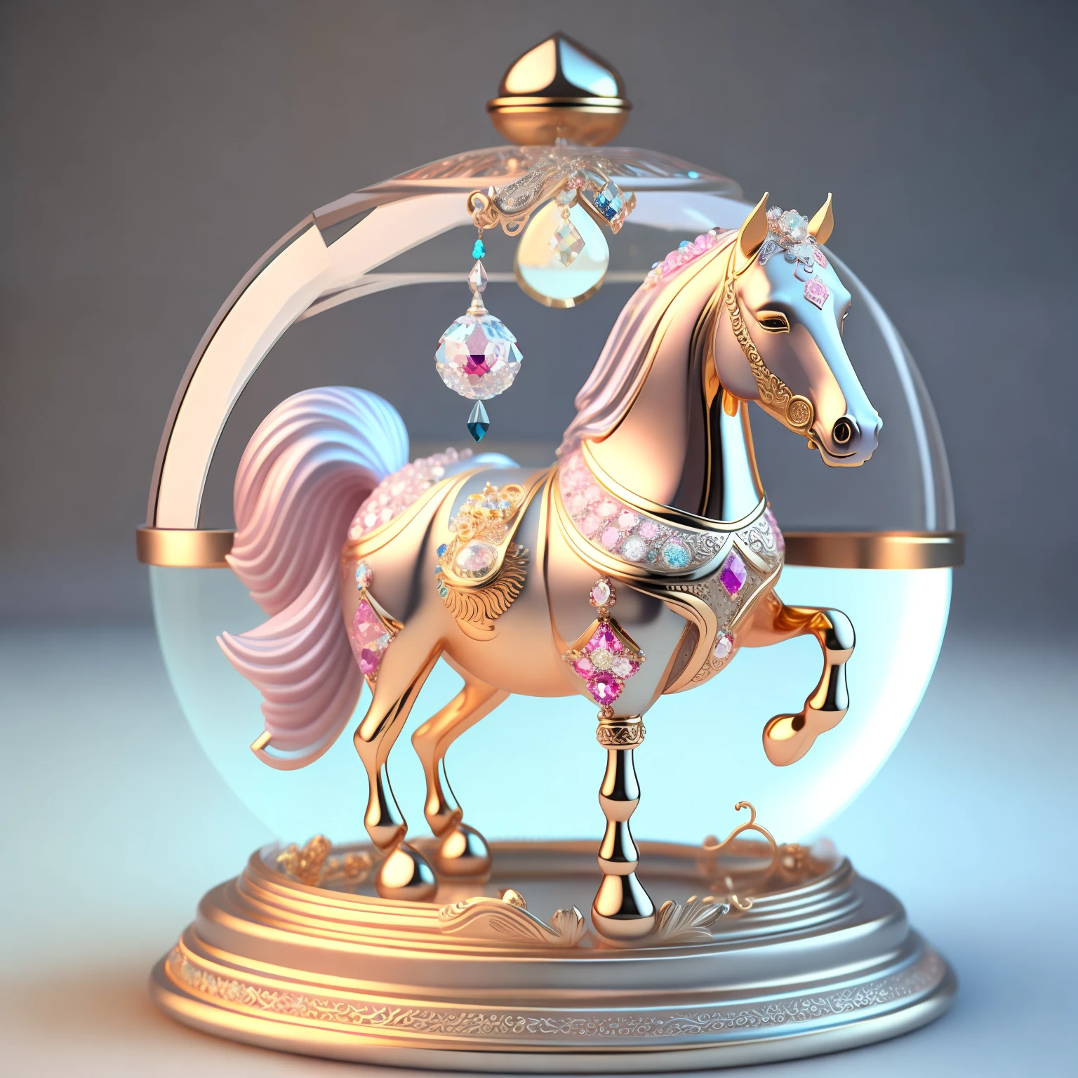 A cute crystal ball zodiac horse embellished with various jewelry ornaments and low-poly eyes is a highly detailed and complex work of concept art using Artstation 8k quality.
