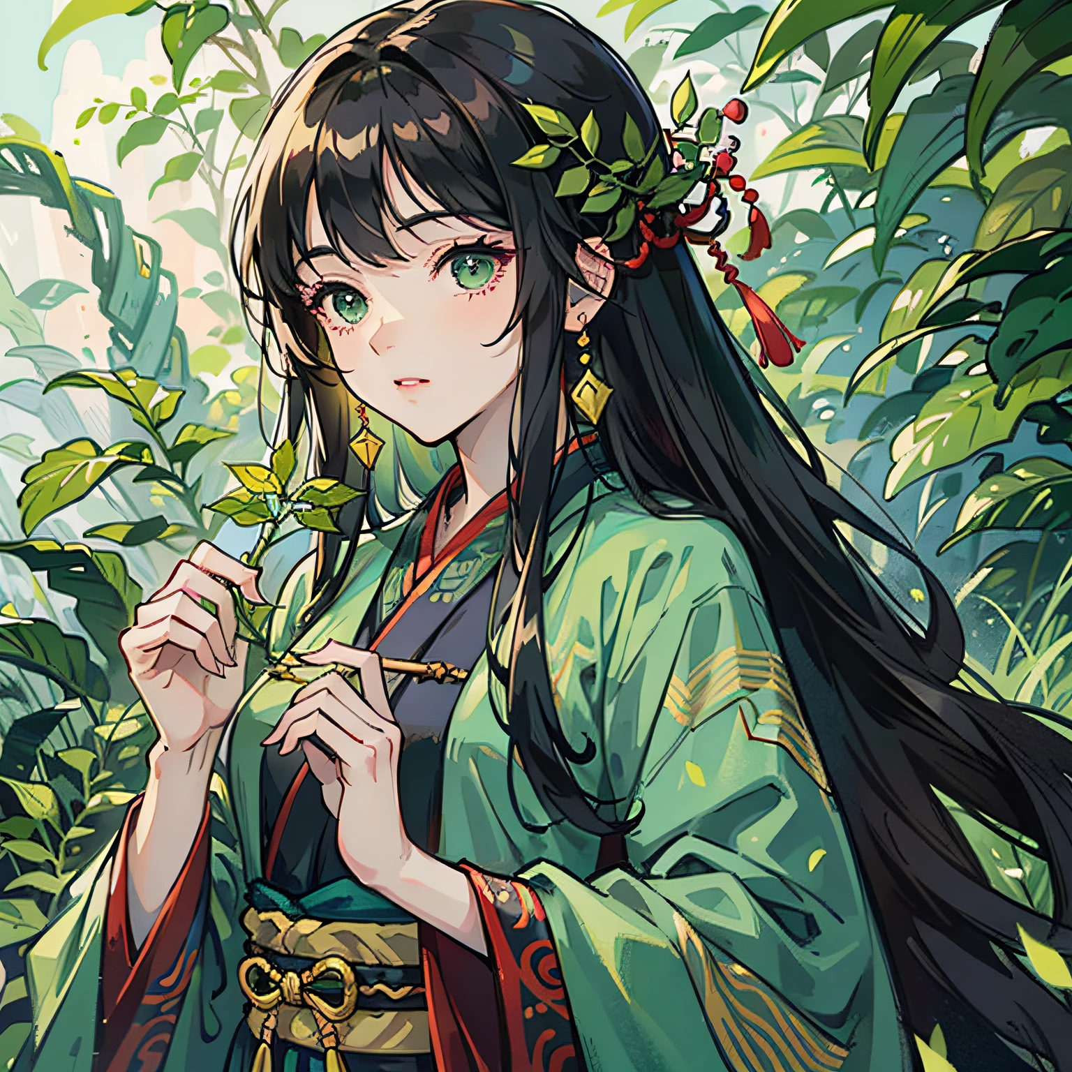 A woman in Hanfu holding a plant, the mountain as the background, surrounded by a forest full of green plants, a girl in Hanfu, she holds a green plant leaf, long black flowing hair, dark hair, super realistic details, colorful robes, national tide illustration, Miyazaki style --auto --s2