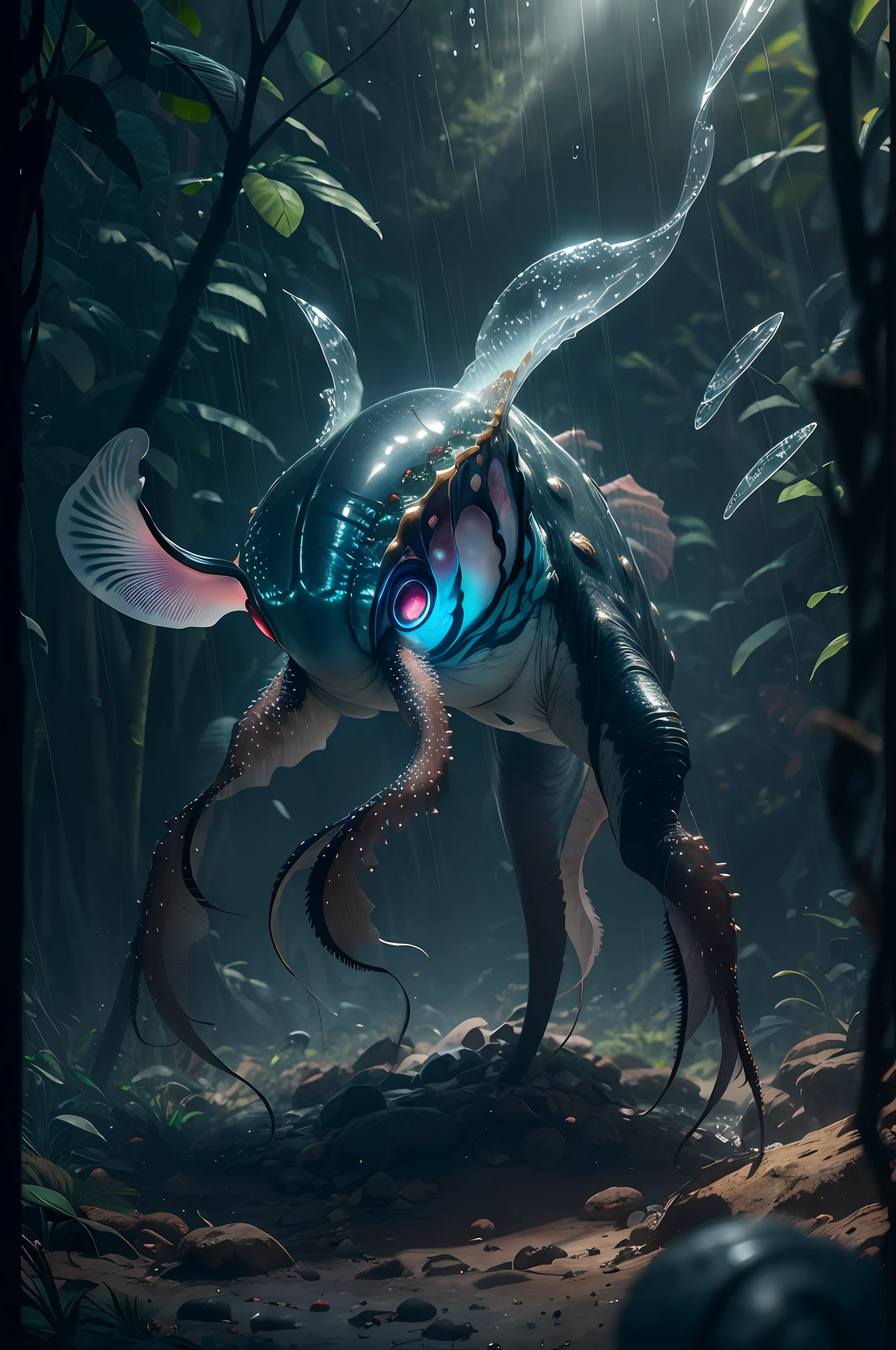 Big creature with six massive legs creature with transparent and lighting body, walking on all six legs, (((cuttlefish head))), ((four eyes)), six leghs, in the jungle, jungle, rain forest, high image quality, realistic look, high-resolution photography, 8K, full-frame matrix, deep shadows, ((one character)), (intricate details, subsurface scattering, hyperdetailed:1.15), (hyperrealism, volumetric lighting, sharp:1.5) Fujifilm XT3