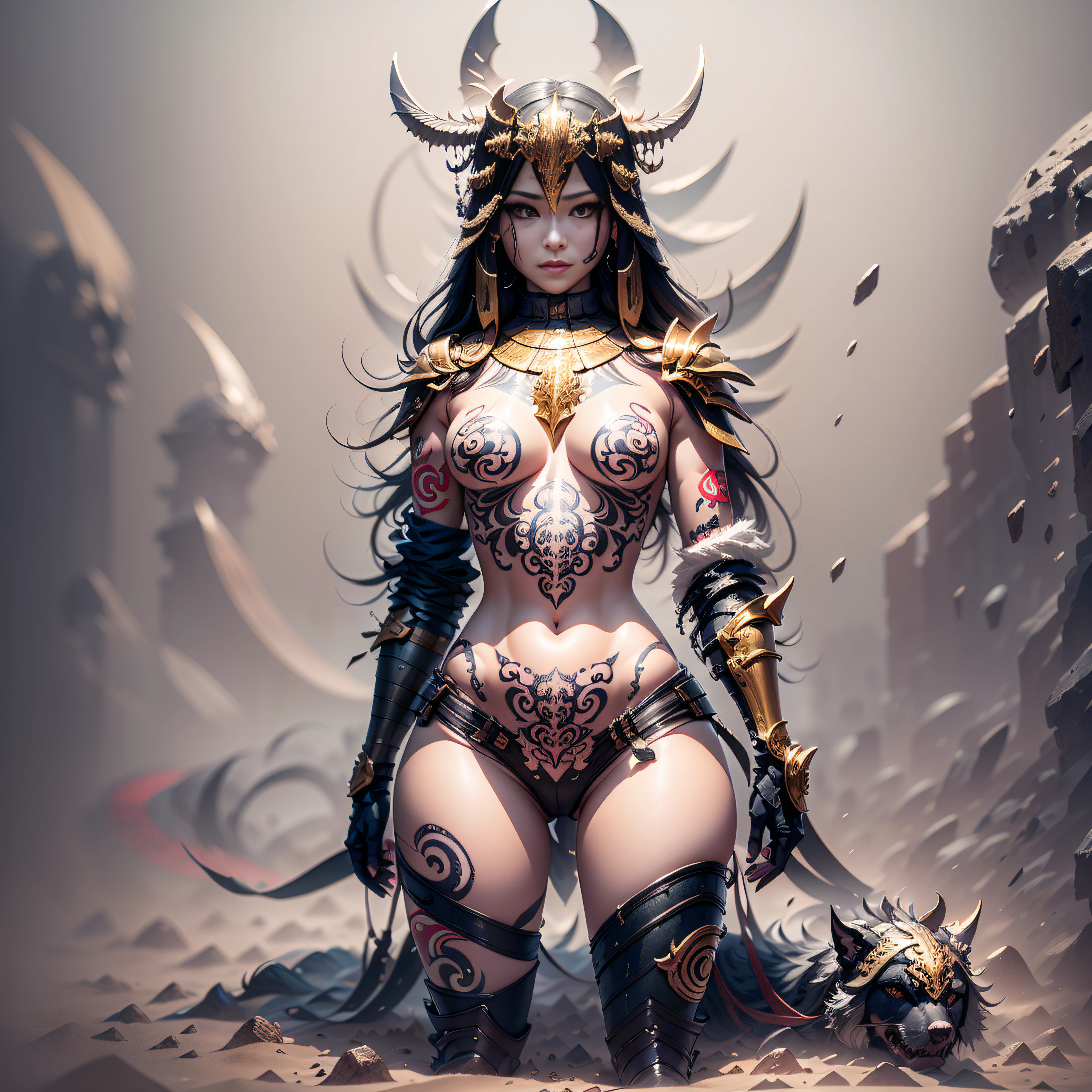Full body view, back ground, 1 dog girl, (tattoo all:1.5), A lot of blood soaked the armor,所有盔甲都有严重的划痕，破损严重，(荧光闪烁:1.2)，(荧光eyes:1.5), 荧光golden armor,