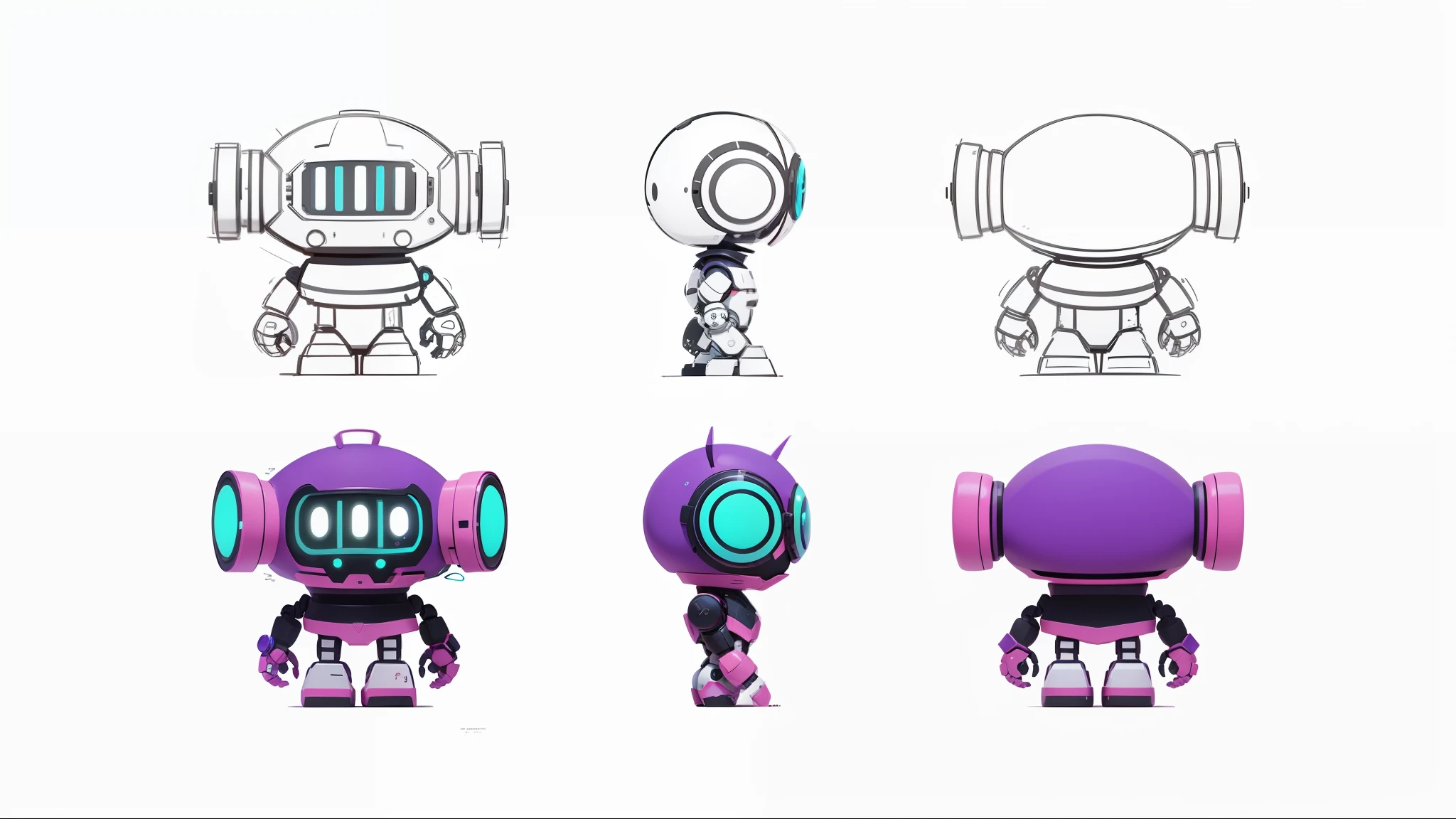 Cartoon robot close-up, cool mask, three views, front view, side view, back view, high quality character design, animated character, full body character, full body character design, character standing walking, professional character design, game character design, full body single character, 2D illustration, 2D illustration, cute character, 👀 :8 --auto