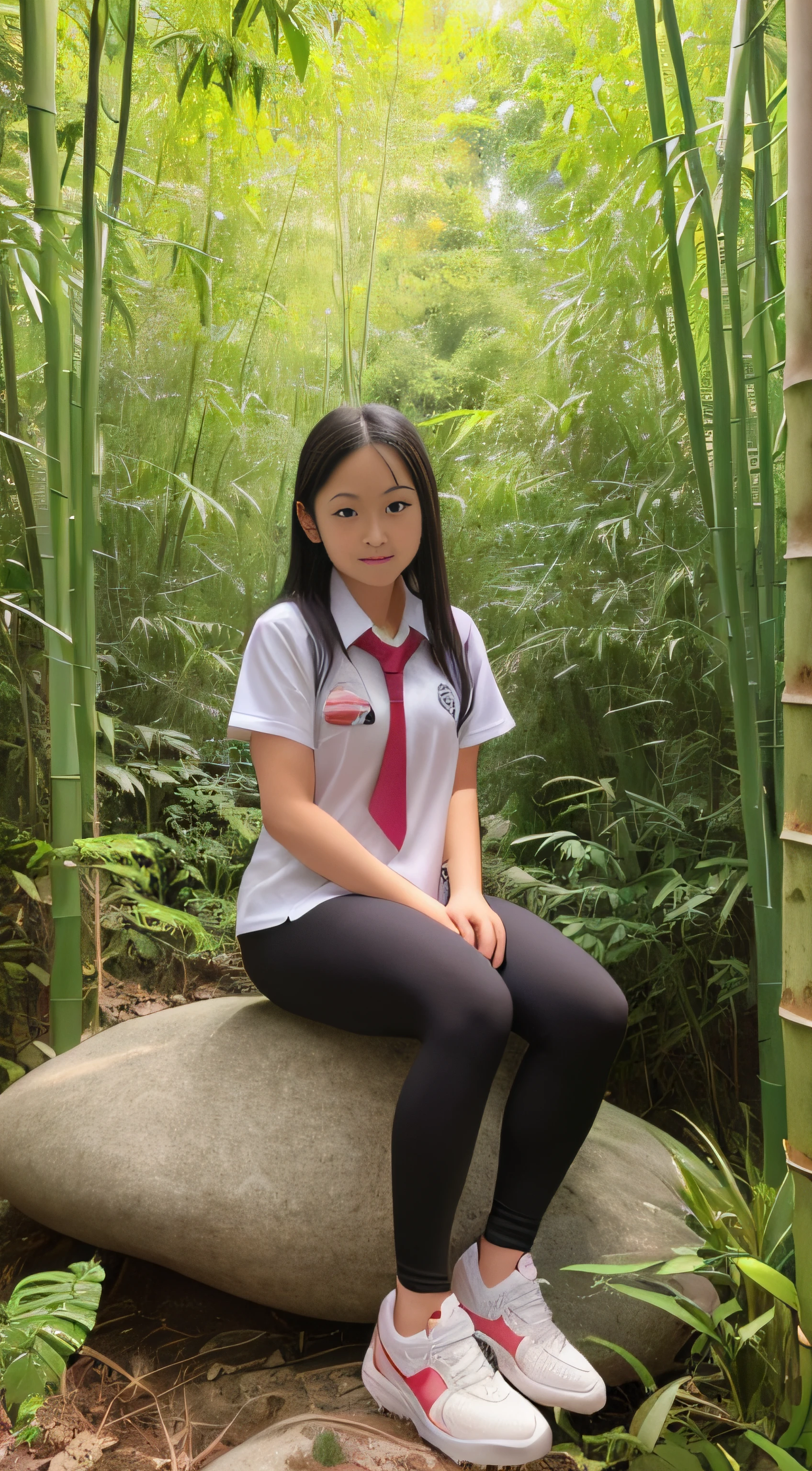 A girl wearing a soaked school uniform, black leggings, and sneakers sat on a large rock in a bamboo forest, surrounded by water