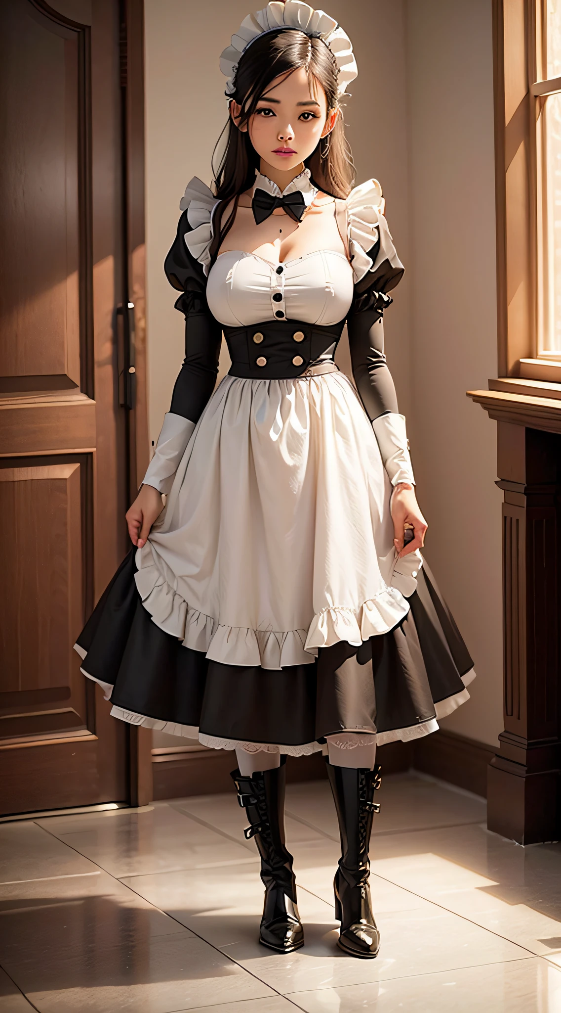 Black boots, white stockings, maid, full body shot --auto