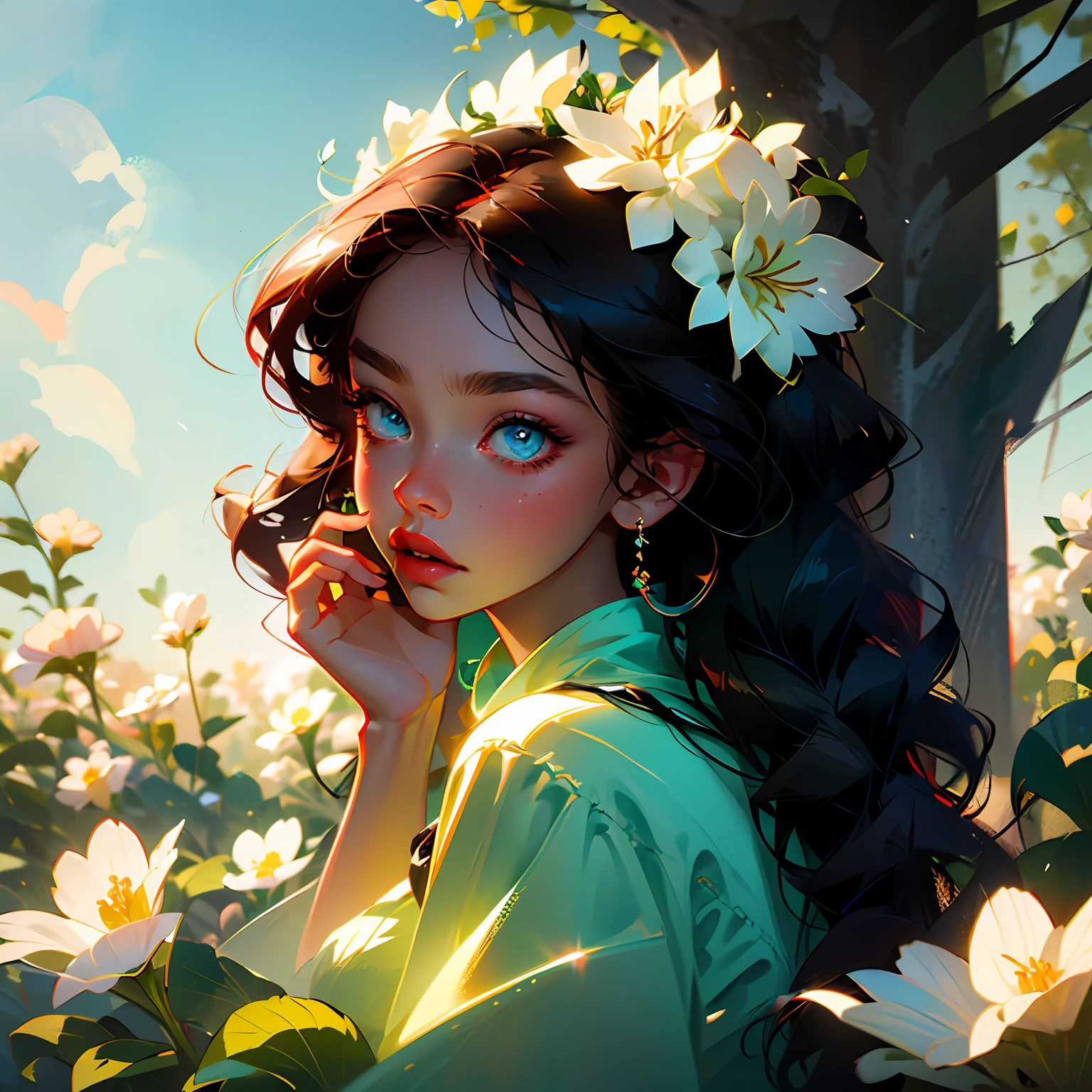 Secret flower, Ankymoore,
1black girl, solo, looking at viewer, blue eyes, green eyes, curly hair ornament, flower, hair flower, heterochromia, lipstick, kanzashi, --auto