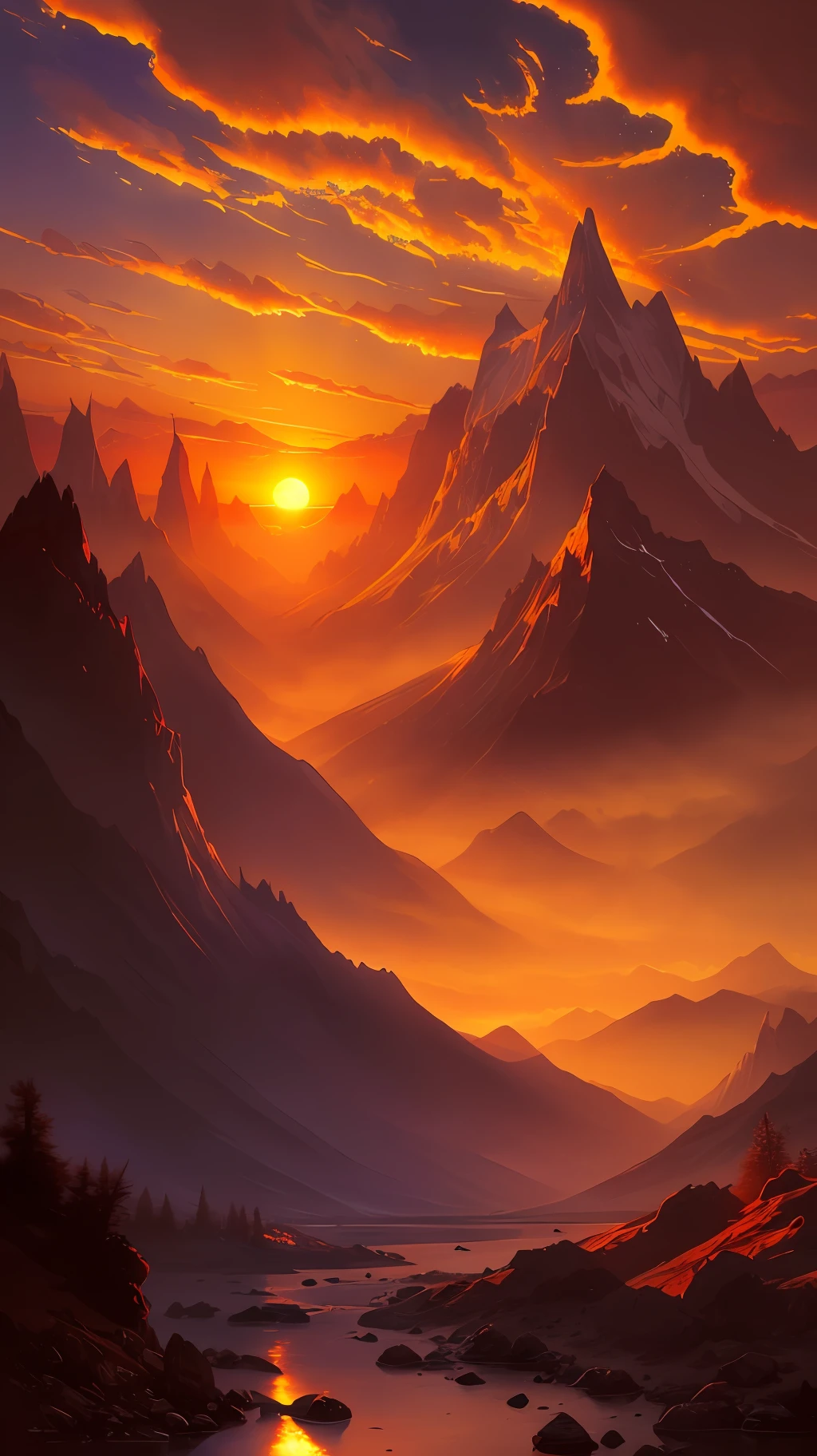 a mesmerizing sunset over the mountains by Thomas Moran, trend on Behance